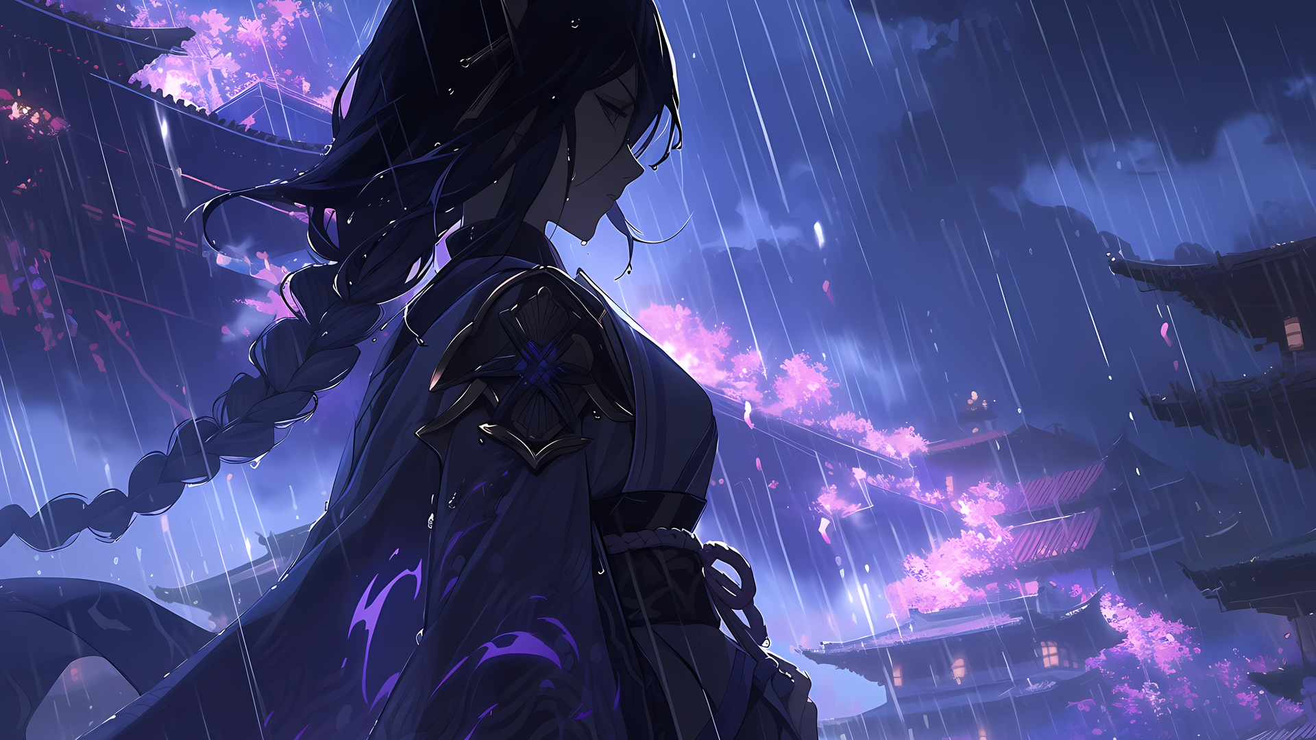 热门辫子 目光移开 动漫 动漫女孩 雨 原神 雷登幕府 电脑 高清壁纸 5376×3584