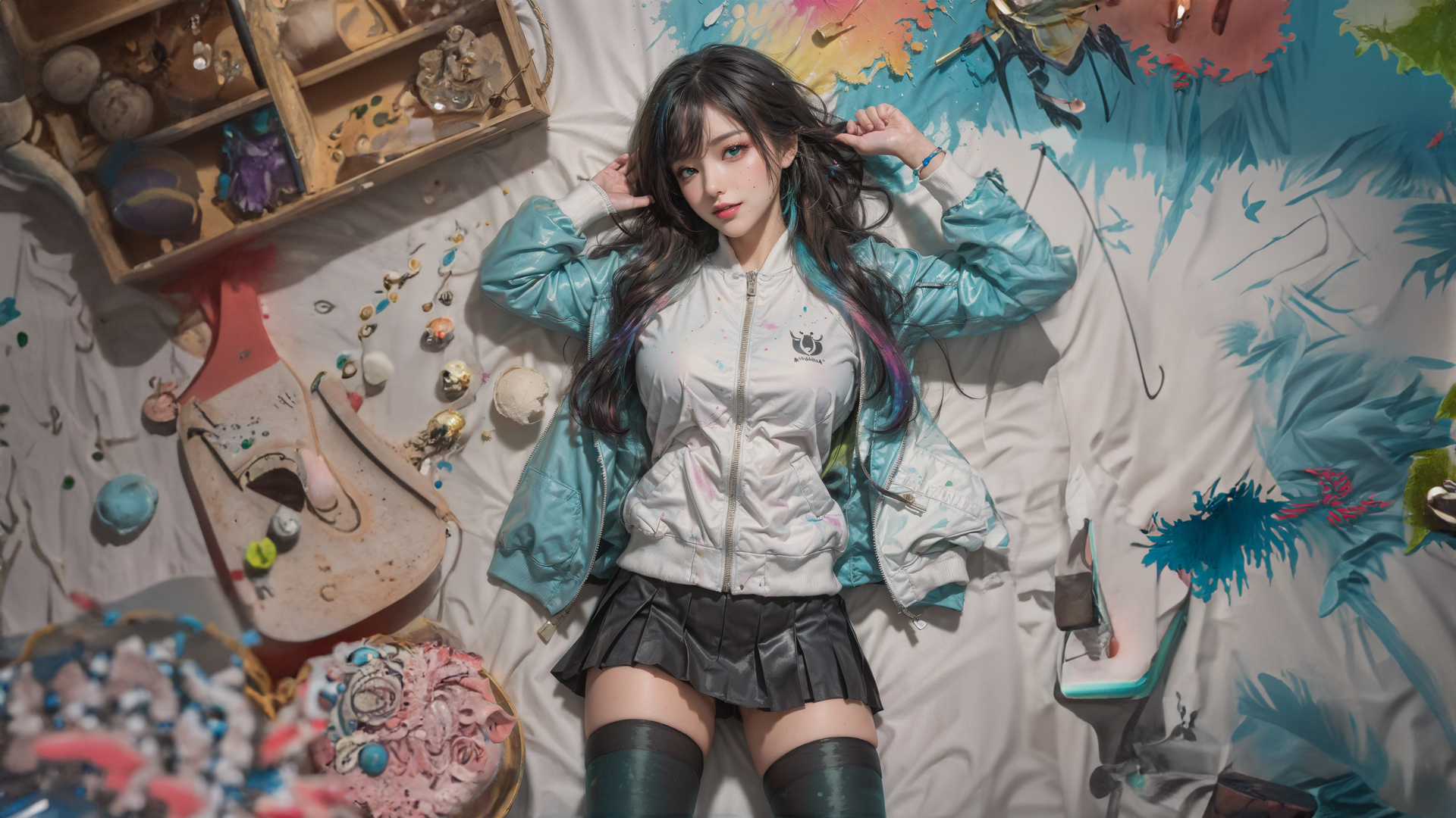 躺下 躺在背上 妇女 多色头发 长发 丝袜 电脑 壁纸 4552×2560