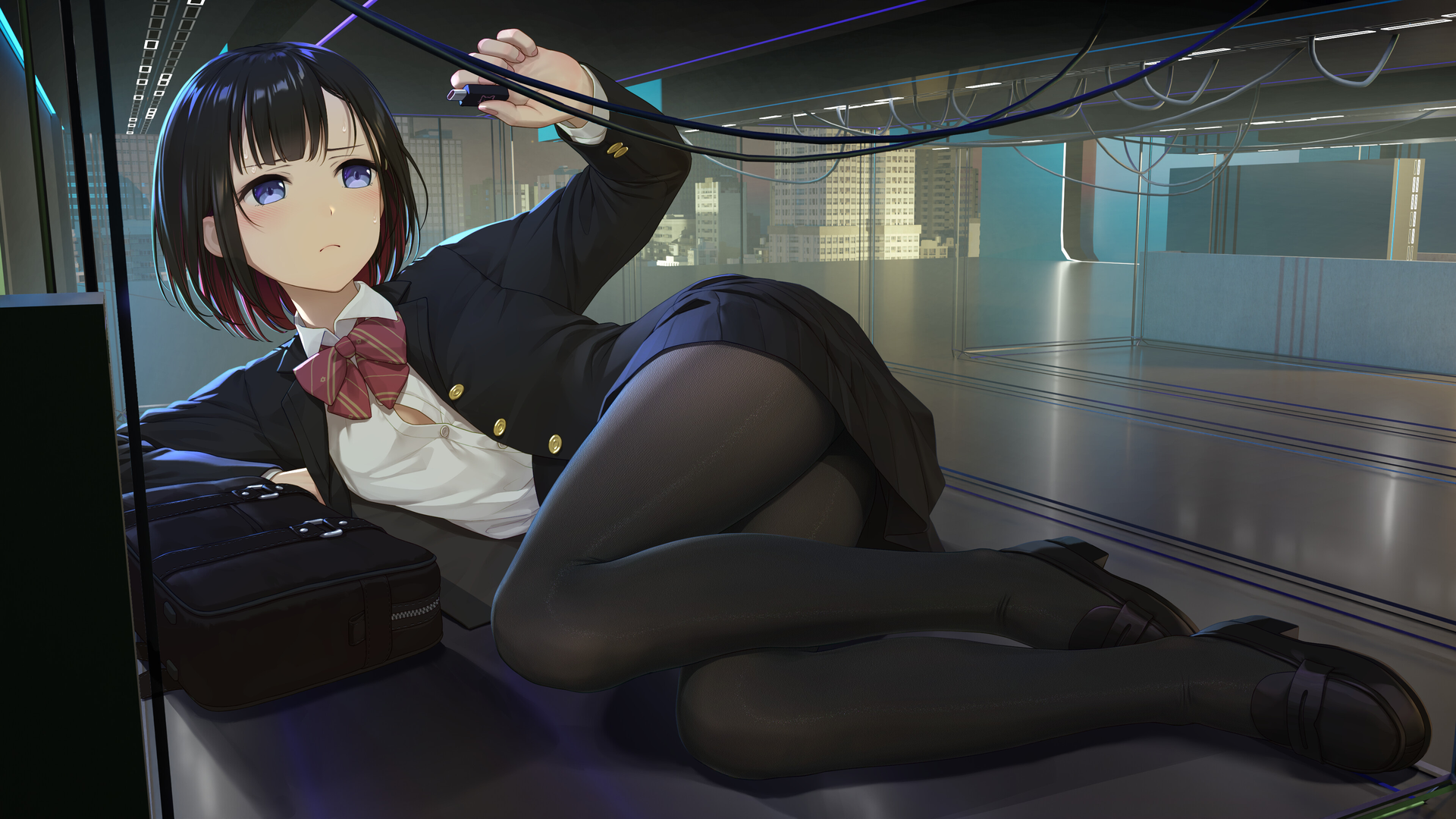 侧躺着 女学生 蓝眼睛 动漫 动漫女孩 领结 校服 裤袜 双色头发 电脑 壁纸 3840×2160