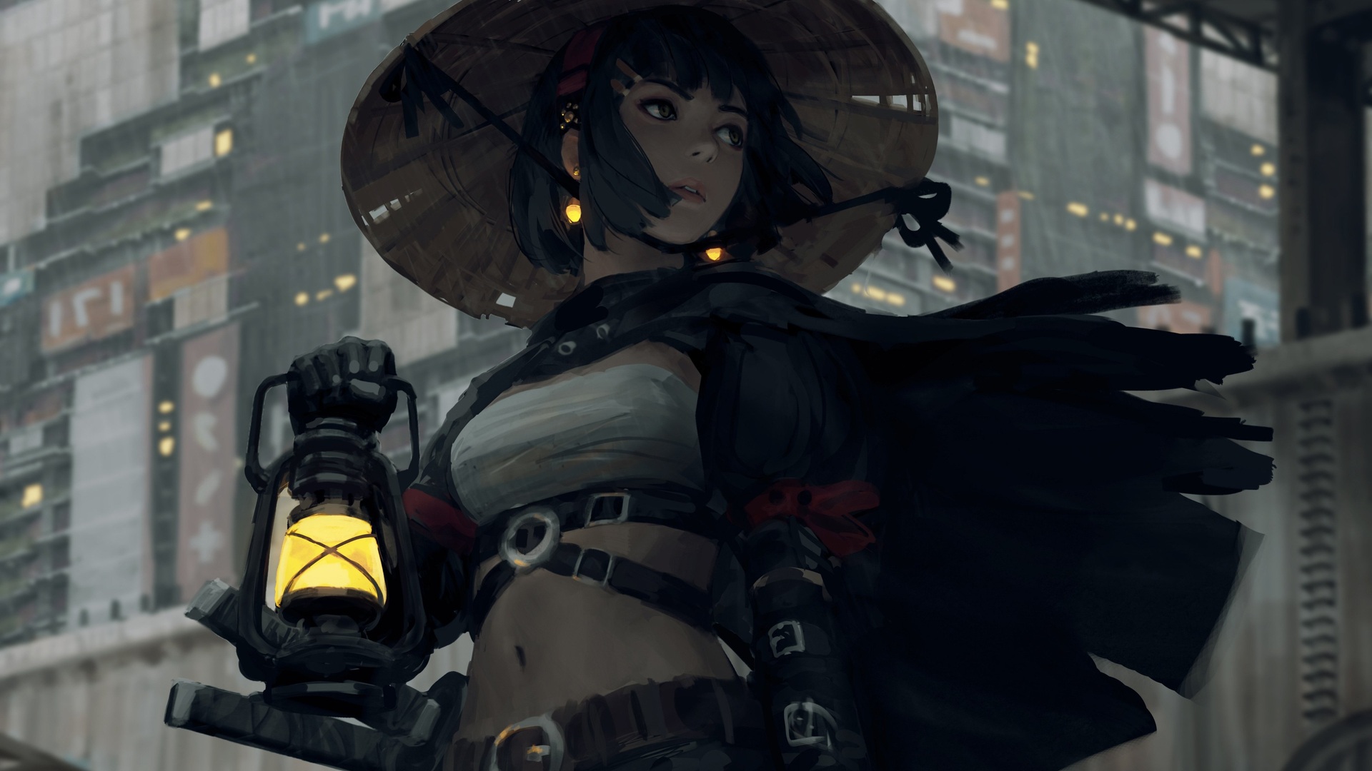 女人 奇幻女孩 武士 扇子艺术 素描 科幻 黑衣 数码绘画 风 奇幻艺术 黑发 奇幻绘画 电脑 壁纸 4096×2559