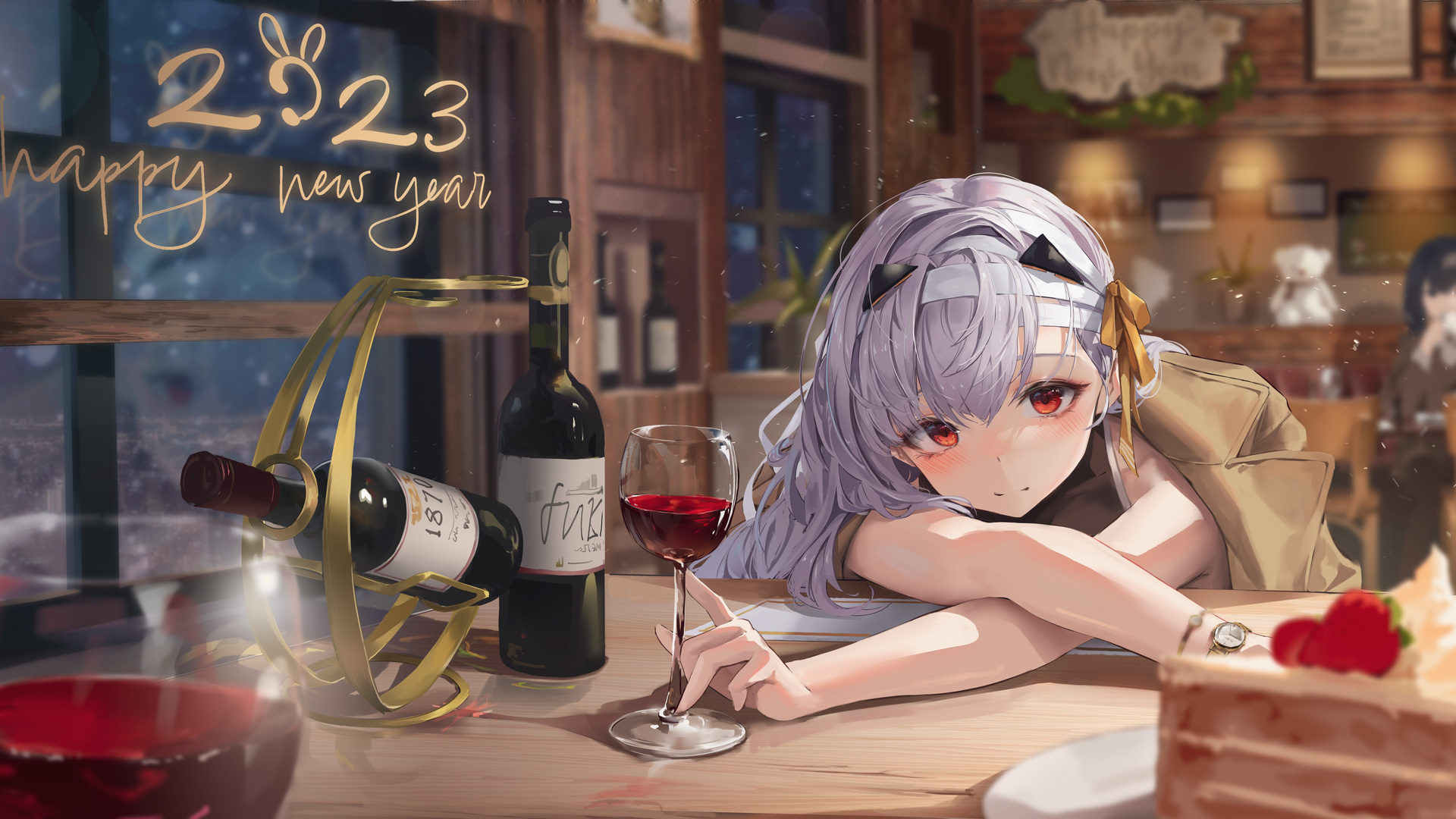 红眼 动漫 动漫女孩 红酒 酒杯 蛋糕 新年 电脑 4K高清壁纸 7927×4363