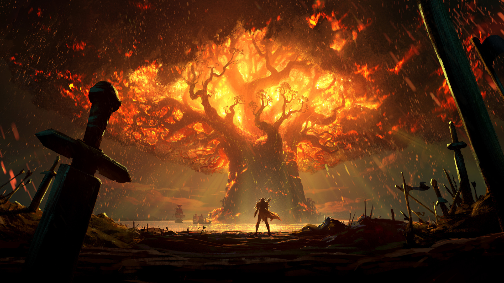 绚丽游戏CG 魔兽 联盟 火 剑 树 魔兽世界 部落 电脑 手机壁纸 10000×4526