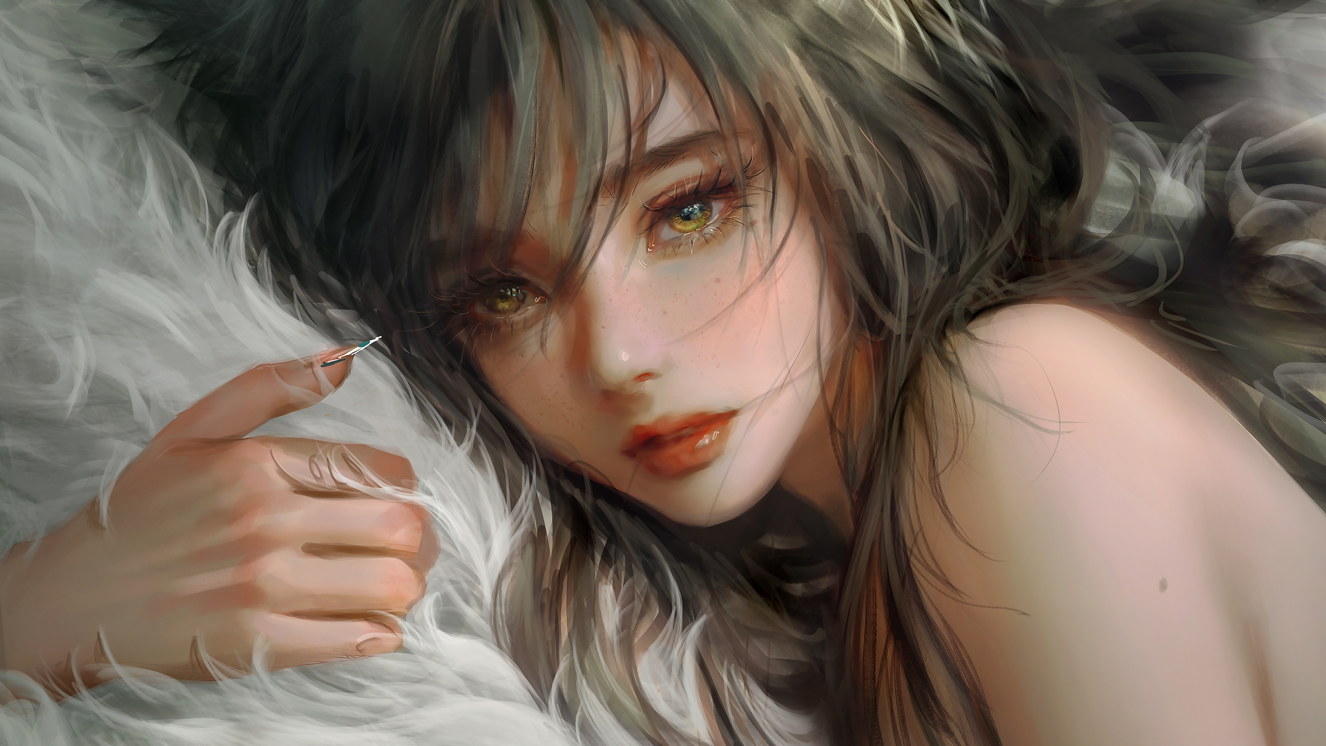 脸 长发 深色 女人 特写 肖像 红色口红 电脑 壁纸 4816×2907