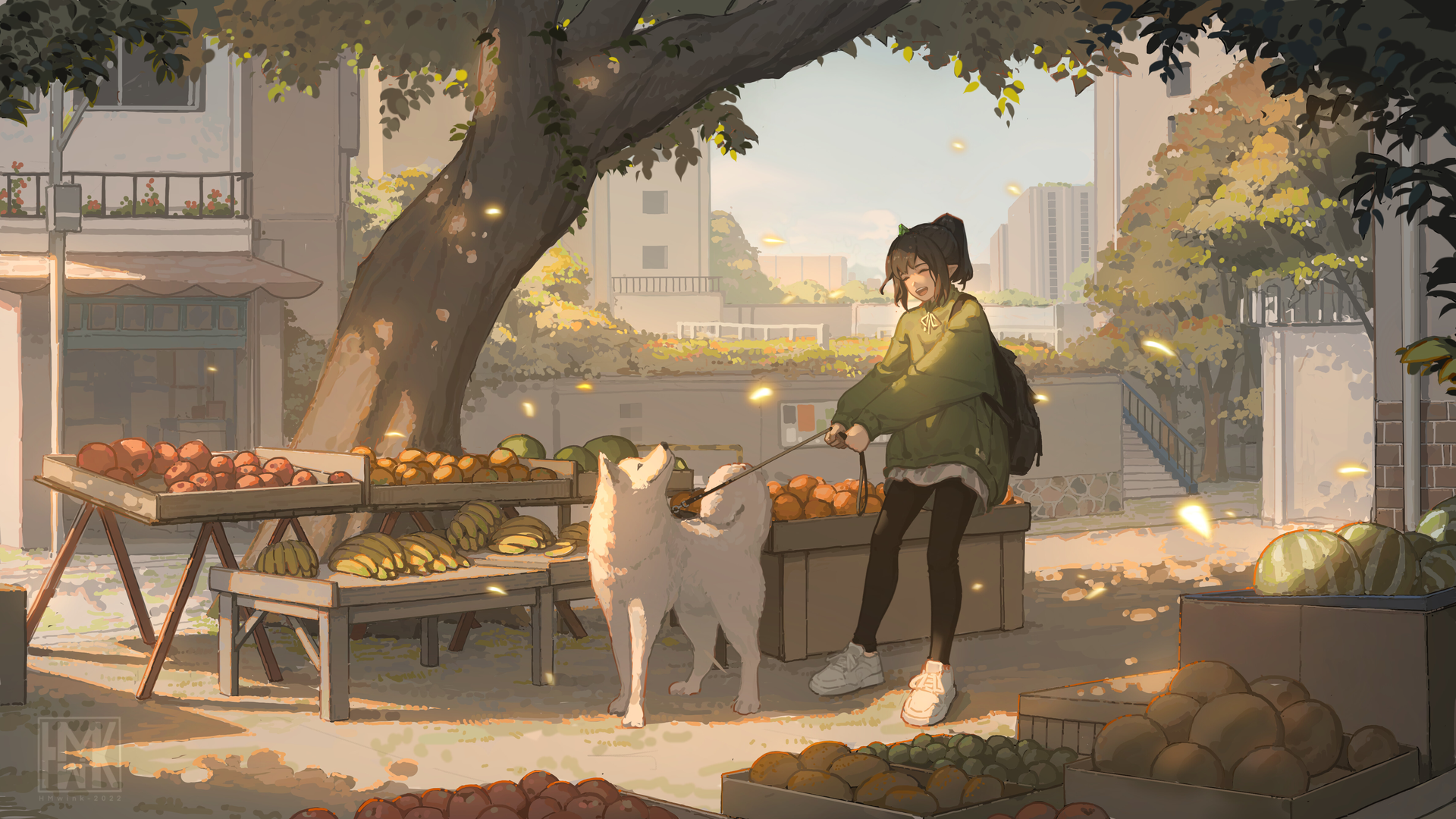 高清原创人物 落叶 动漫女孩 云 电脑 无水印壁纸 4753×2674