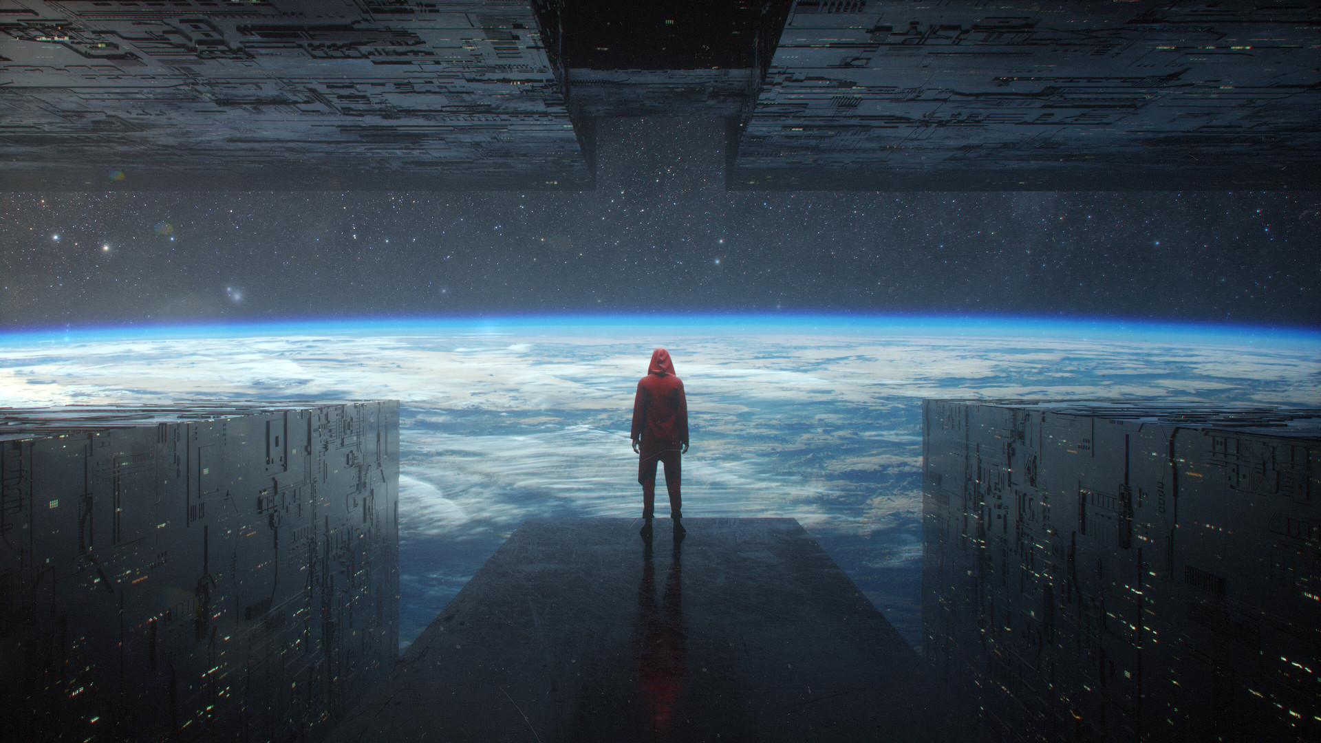 地球 空间 飞船 船 未来派 独自 星星 兜帽 电脑 壁纸 3840×2160