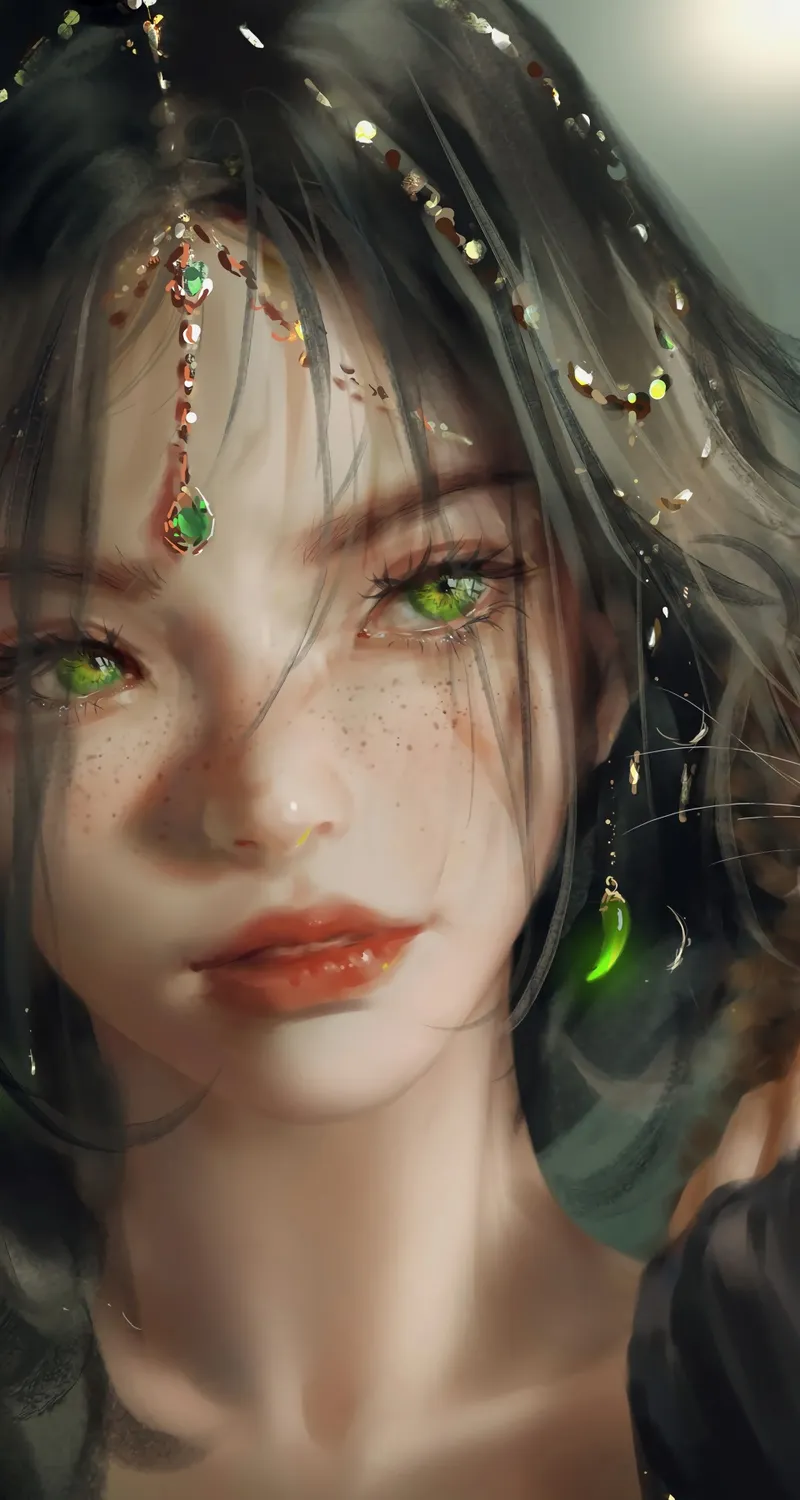 绿眼睛 女性 AI艺术 黑发 手机 4K高清壁纸 7808×8428