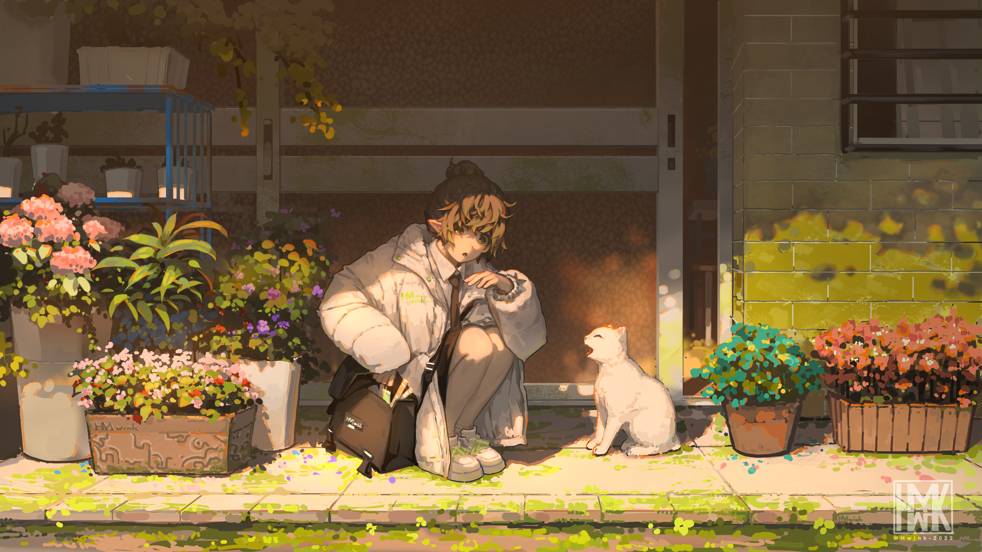 原创人物 蹲下 动漫女孩 猫耳朵 花 兽耳 猫 电脑 壁纸 4831×2718