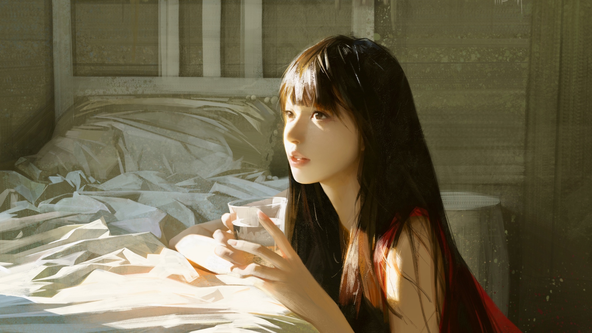 女人 长发 深色头发 亚洲人 目光远离 AI艺术 插图 绘画 床 房间 室内 阳光 电脑 壁纸 6604×4961
