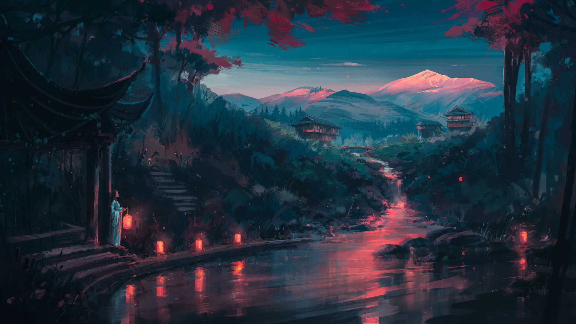热门AI艺术 图片 插图 绘画 风景 自然 山脉 倒影 森林 树木 鸟取 桥 水 灯笼 电脑 高清壁纸 3840×2160
