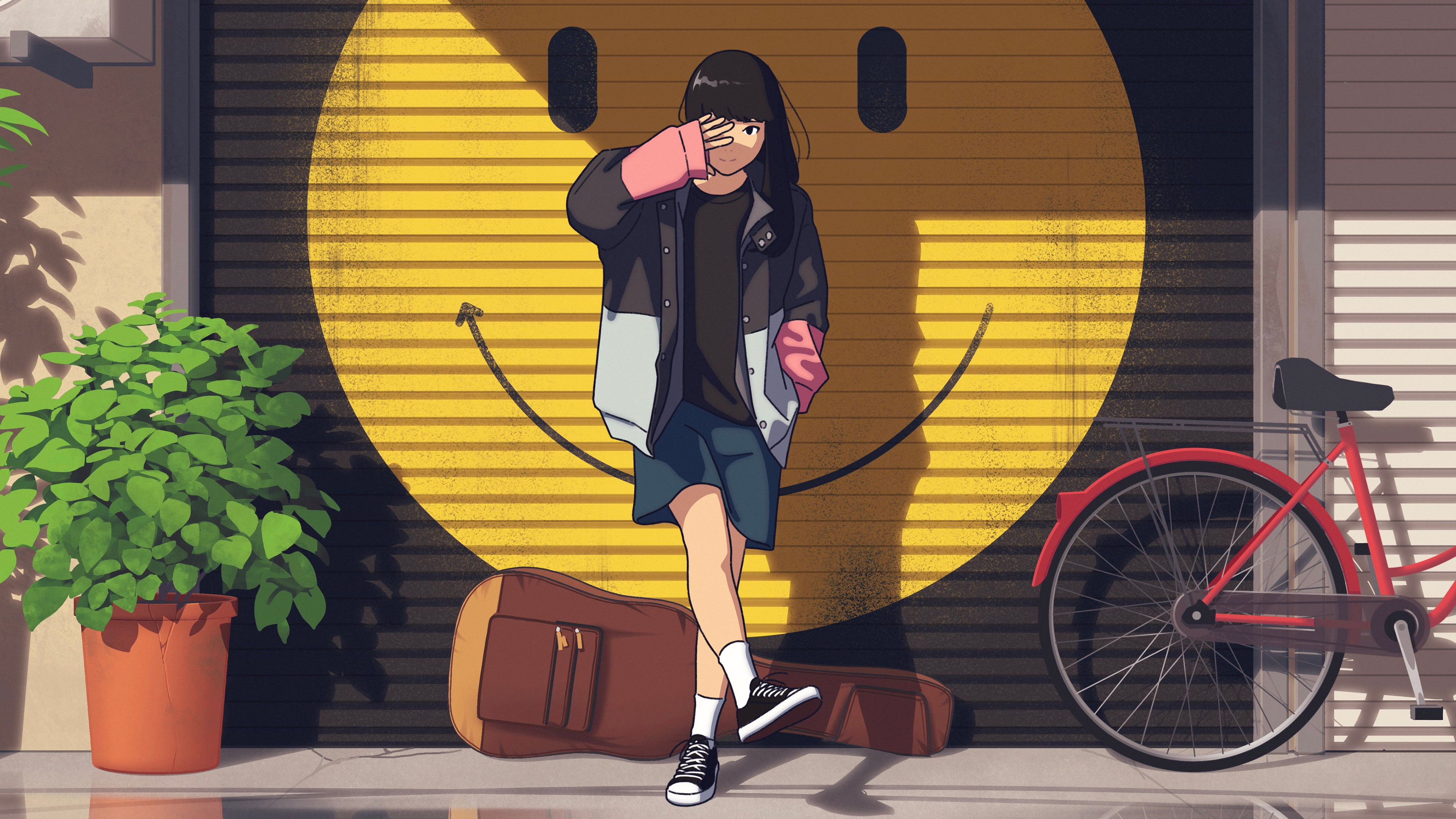 动漫女孩 微笑 剪裁 乐器 吉他 动漫 自行车 敞开夹克 手机 电脑 壁纸 3840×2160
