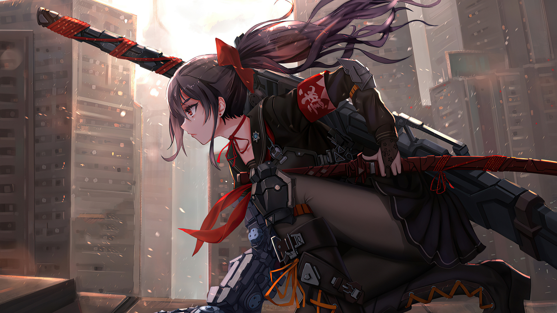 经典长发 红眼睛 马尾辫 动漫女孩 剑 制服 武器 迷你裙 连裤袜 黑色连裤袜 百褶裙 长袖 电脑 壁纸 3840×2160