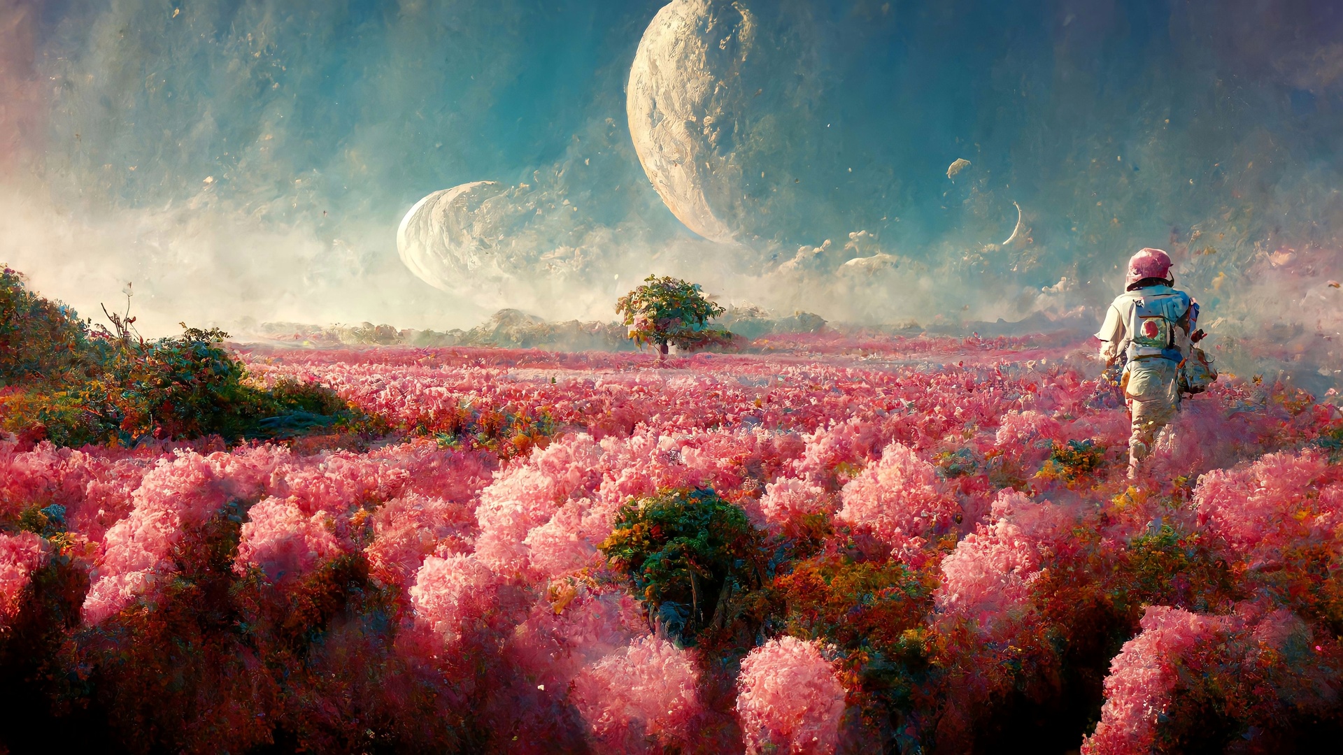 热门宇航员 月球 空间 领域 绘画 人工智能艺术 树木 花卉 中途 开花 景观 行星 电脑 壁纸 4096×2304
