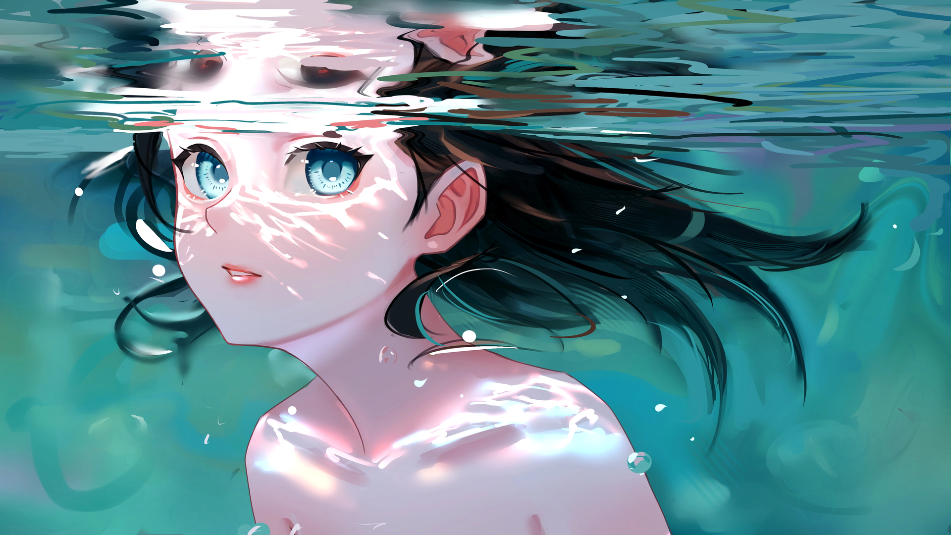 女人 长发 深色头发 蓝眼睛 AI艺术 插图 肖像 水 水下 绘画 反射 阳光 气泡 电脑 4K高清壁纸 4772×2685