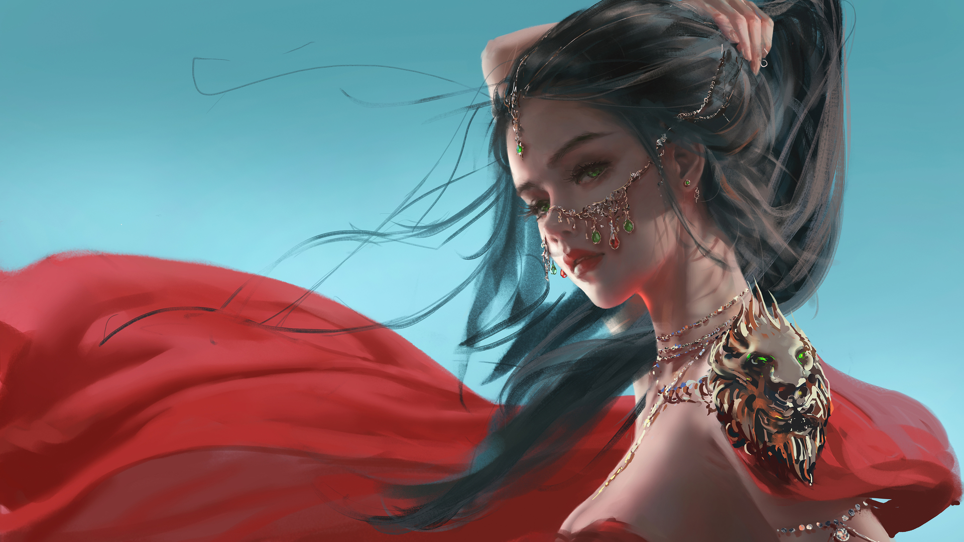 奇幻女孩 绿眼睛 AI艺术 素描 幽灵之刃 黑发 电脑 4K高清壁纸 4200×2386