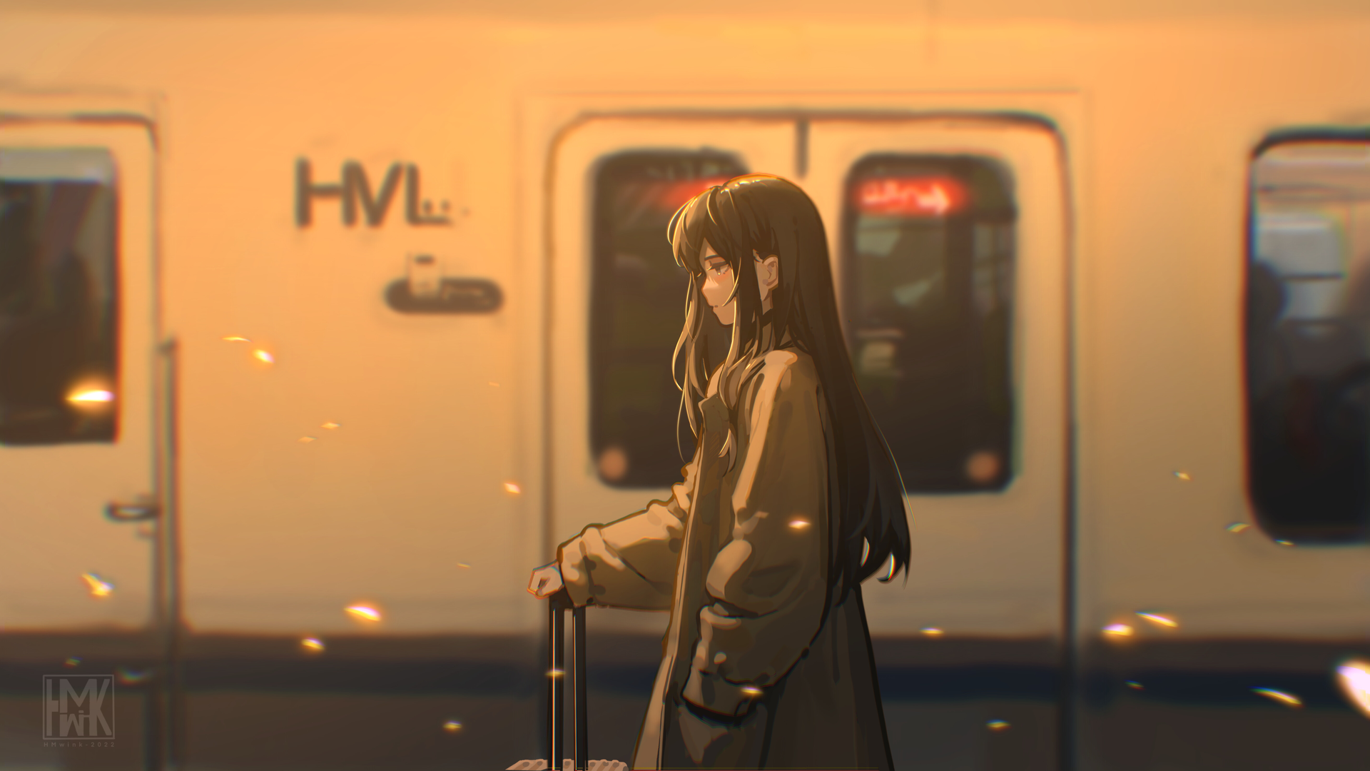 长发 外套 动漫女孩 火车站 电脑 无水印壁纸 5243×2950