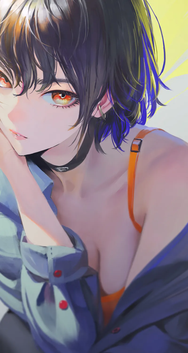绝美横山 短发 橙色眼睛 动漫 动漫女孩 AI艺术 黑发 手机 4K壁纸 4096×6205