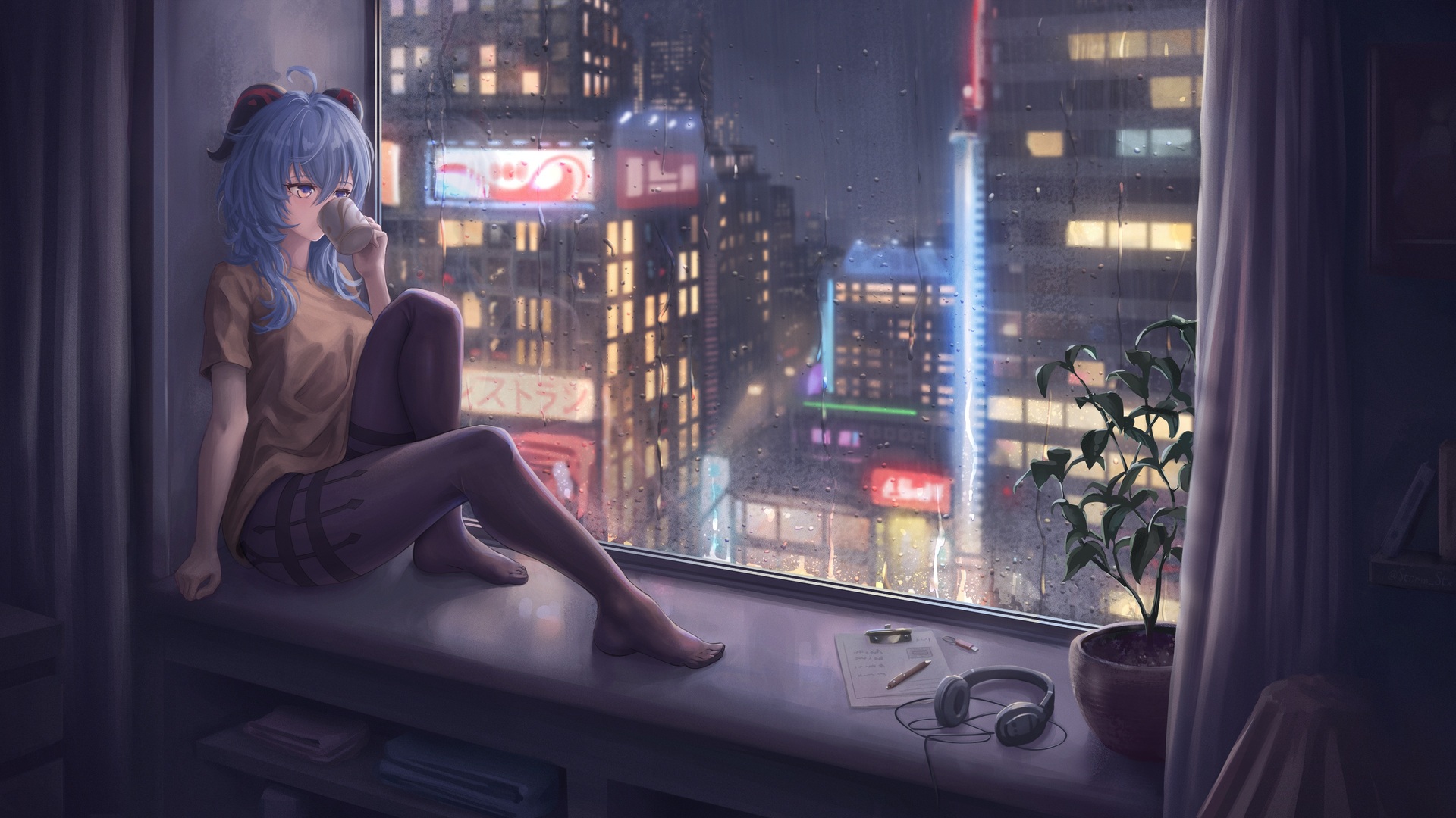 女人在室内 坐着 在室内 下雨 窗户 喇叭 城市灯光 电脑 壁纸 3840×2160
