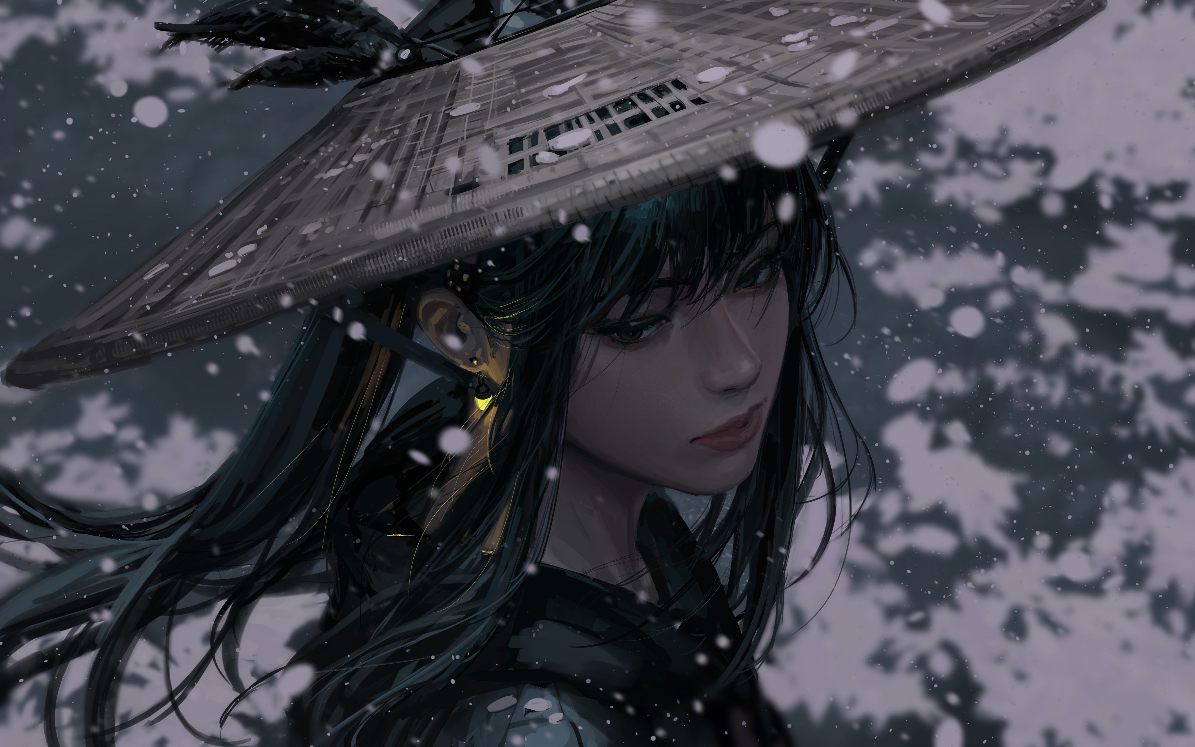 绚丽原创 人物 黑发 数码绘画 素描 帽子 草帽 雪 羽毛 风 肖像 无水印壁纸 4096×2561