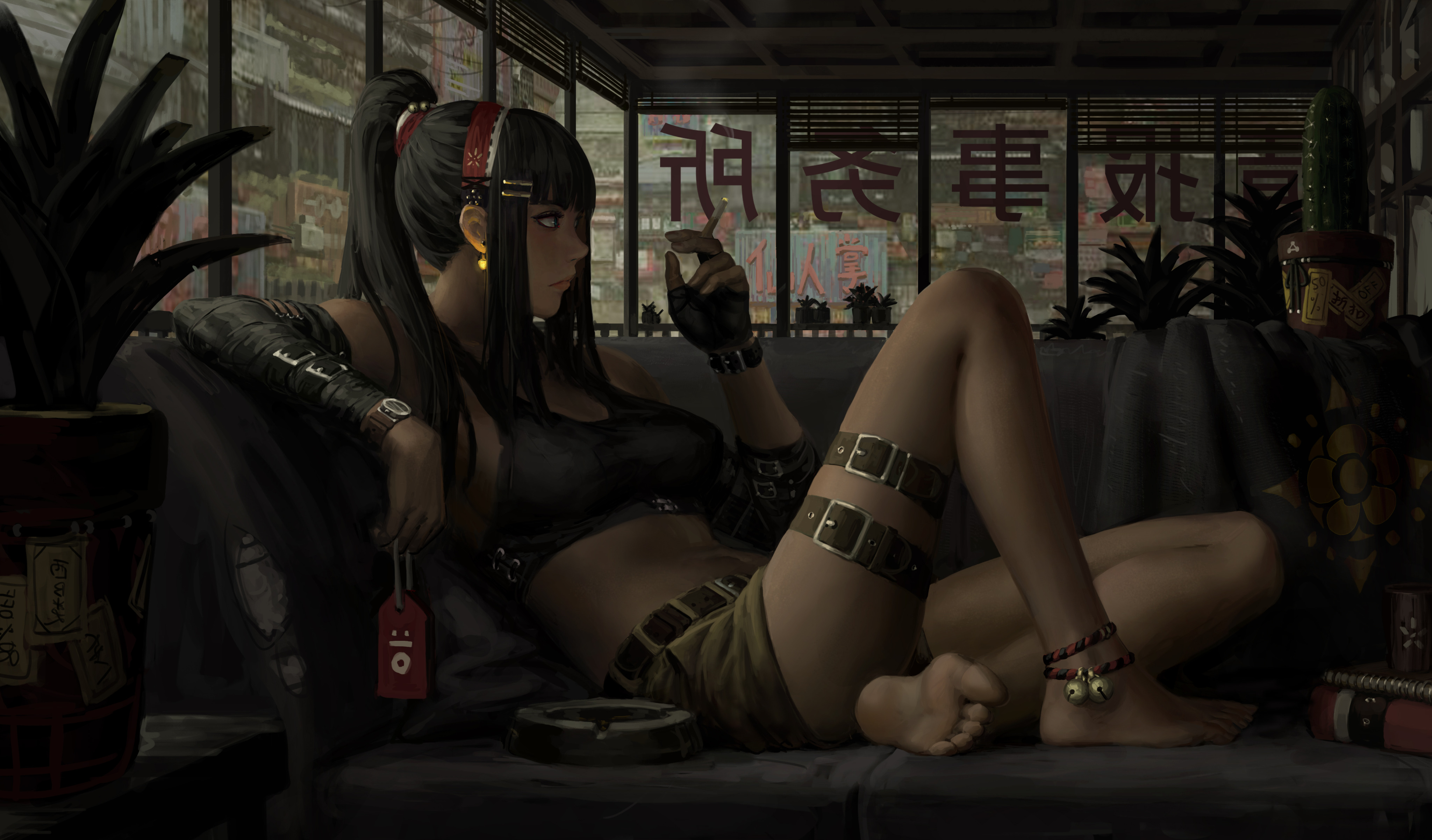 绚丽长发 赤脚 绘画 香烟 植物 皮带 护身符 AI艺术 无水印壁纸 4096×2404