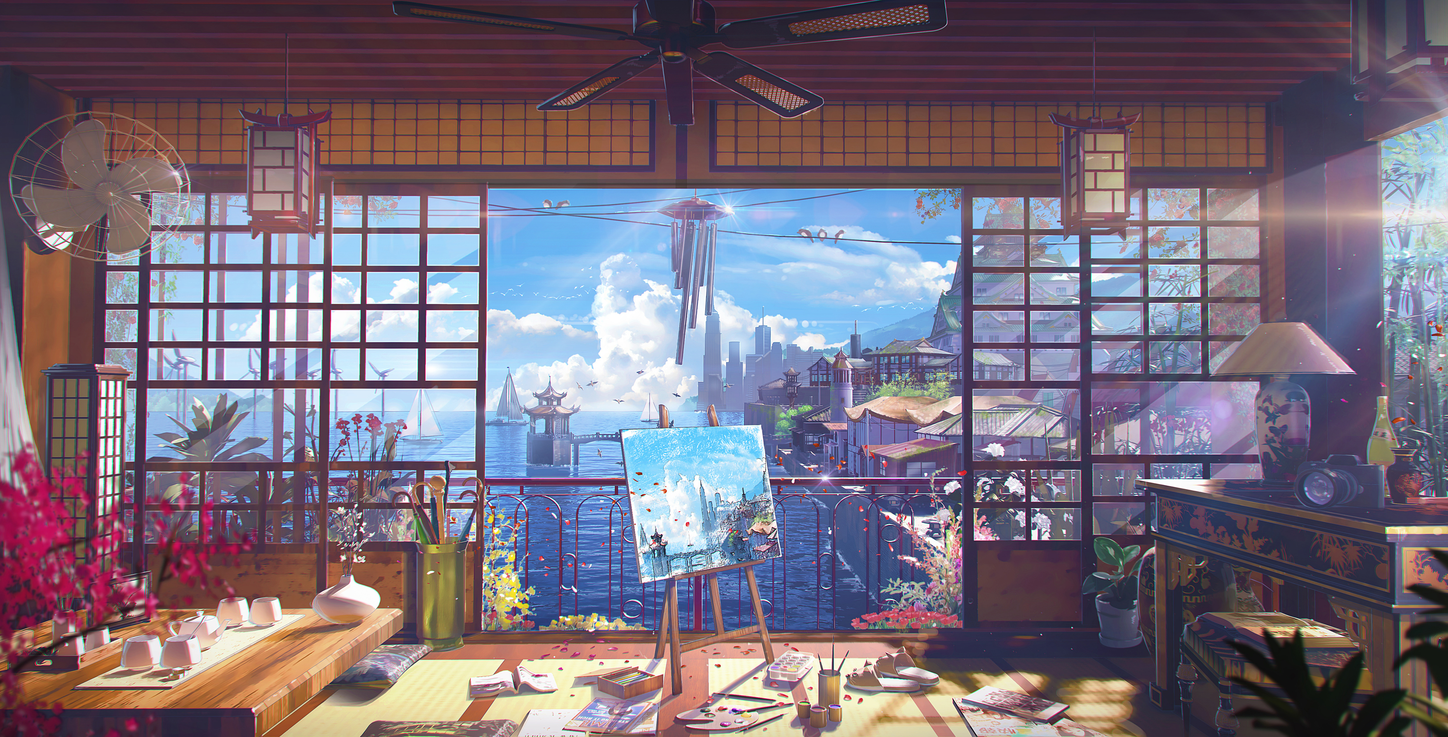 跆拳道 房屋 绘画 帆布 扇子 海滨 灯 阳光 室内 花瓶 花盆 画架 电线 风铃 花瓣 天空 阳台 大海 云 4K高清壁纸 4936×2515