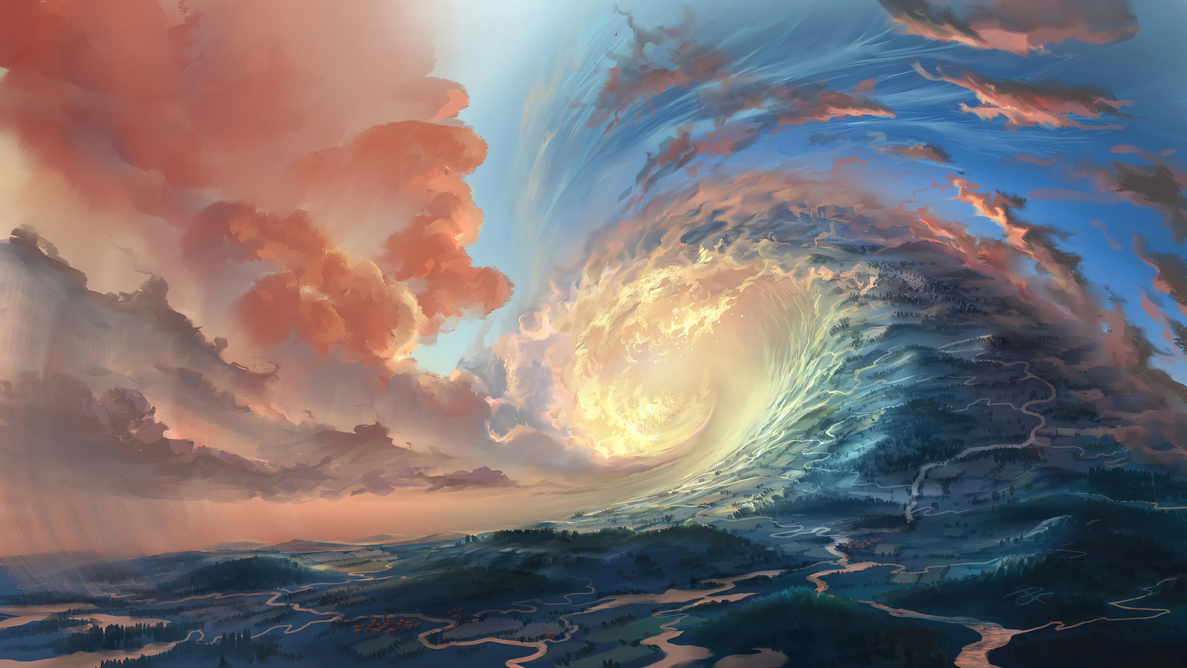 经典奇点 云 树 河流 AI艺术 扭曲艺术 风景 阳光 自然 桌面壁纸 3840×2160