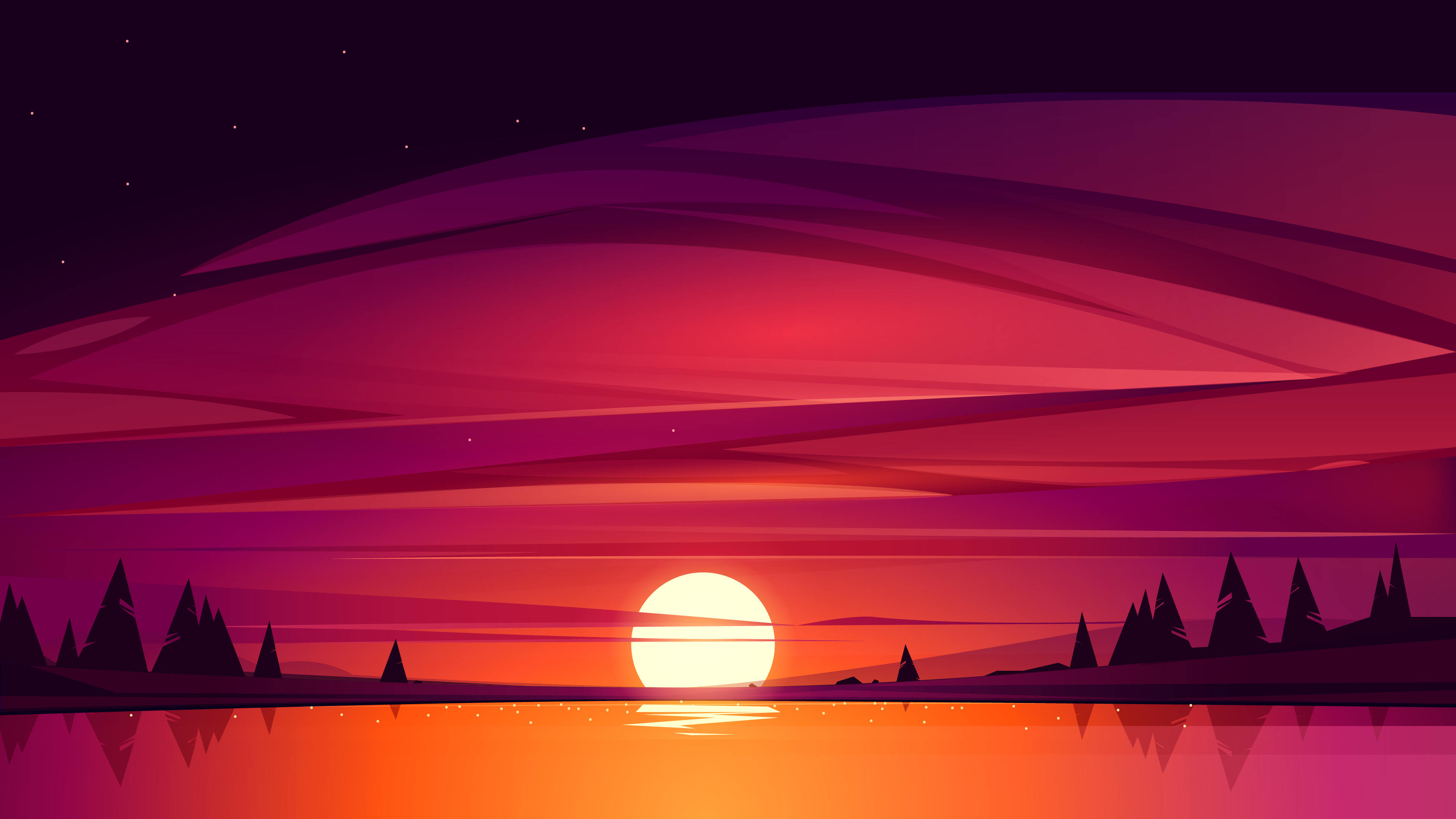日落 湖泊 树木 太阳 AI艺术 紫色天空 星星 壁纸 3840×2160
