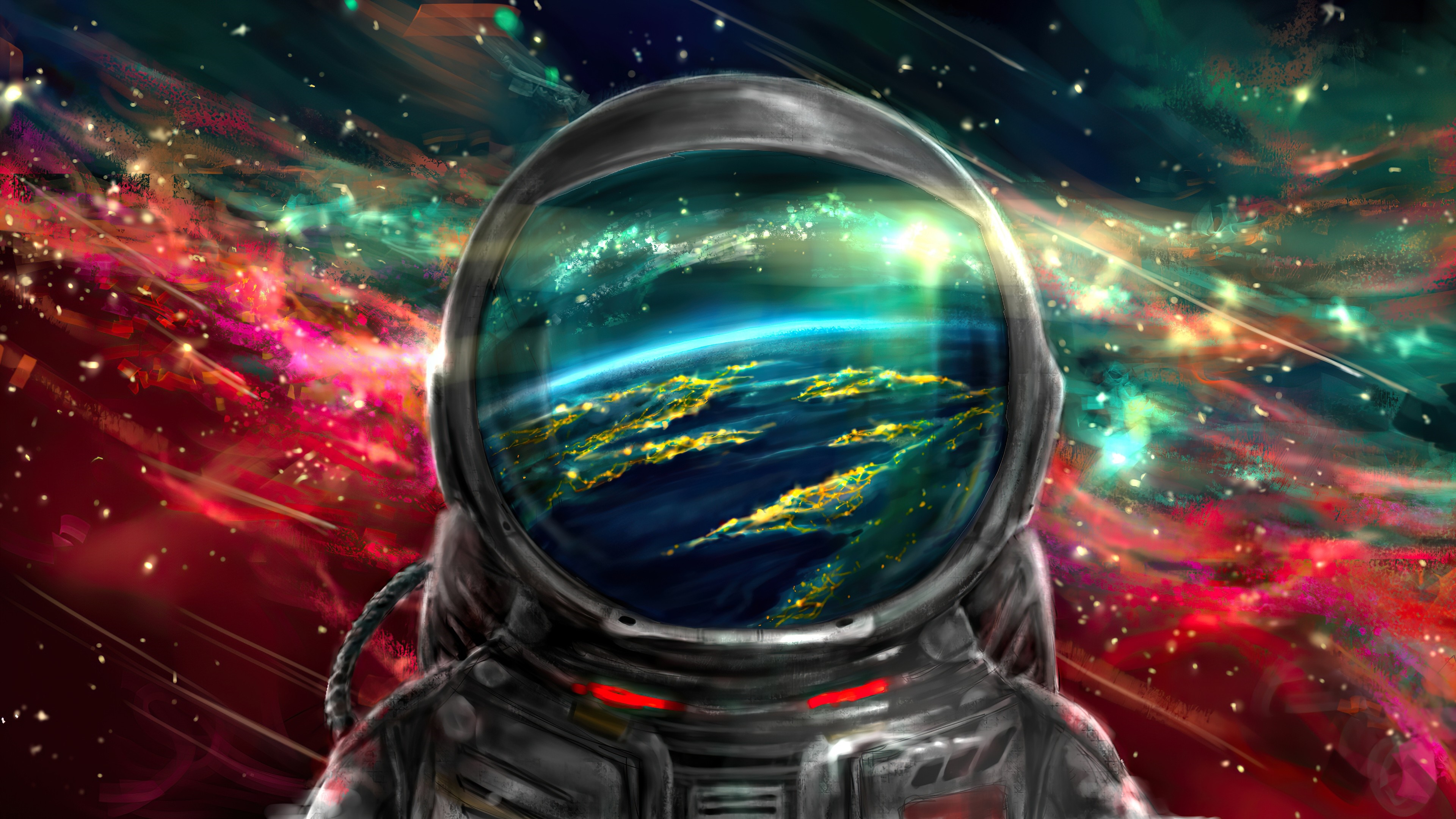 经典宇航员 太空 太空艺术 彩色 行星 倒影 星星 无水印壁纸 3840×2160
