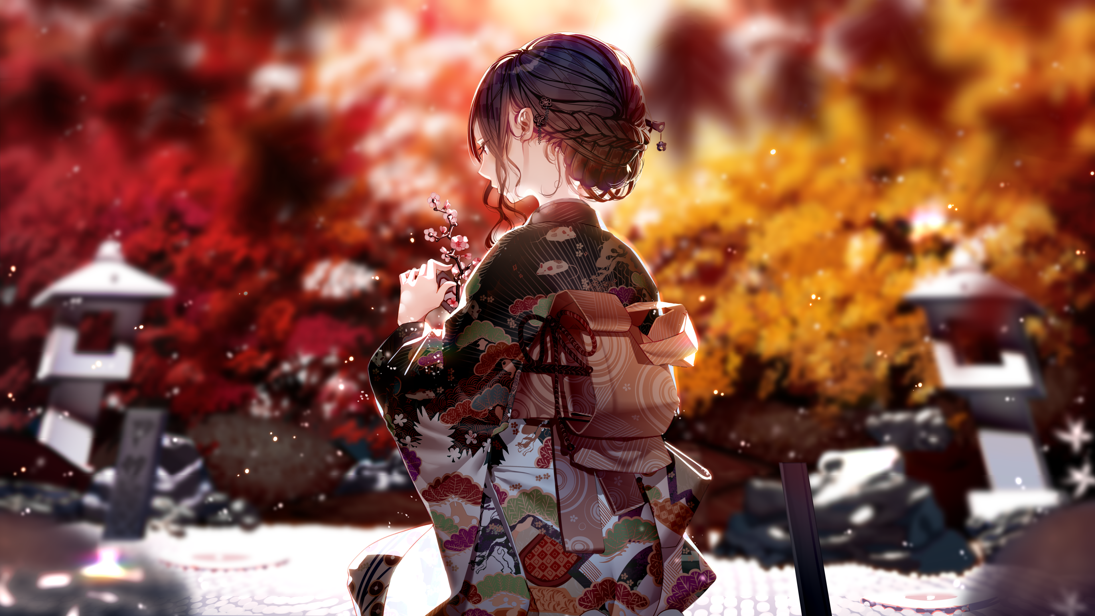 绝美长发 动漫 女孩 肖像 和服 景深 数码艺术 棕色眼睛 花 红花 黄花 粉花 4K壁纸 3840×2160
