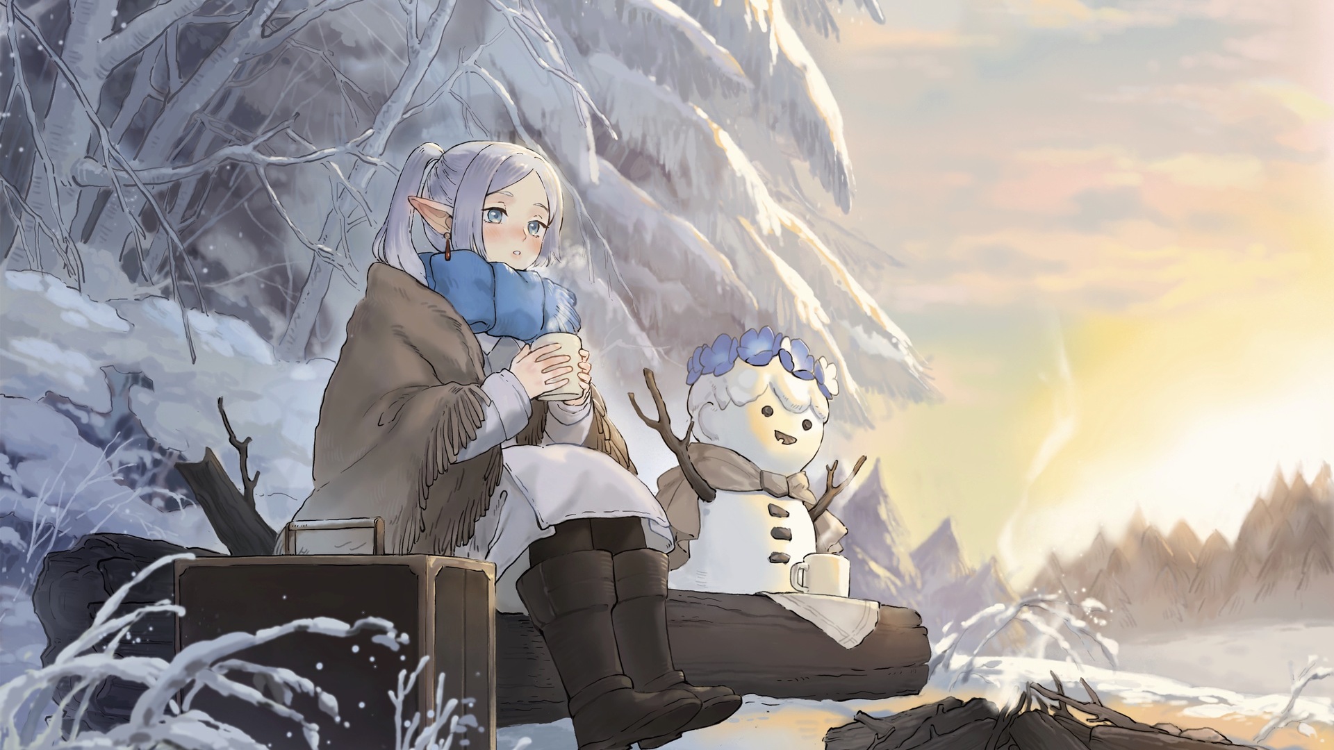 望向别处 妇女户外 坐 雪 动漫女孩 尖耳朵 电脑 桌面壁纸 3854×2480