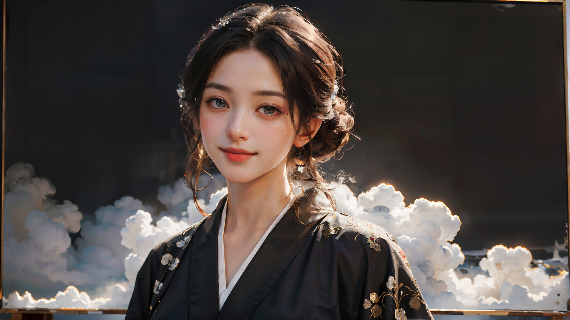 超清女人 看着观众 微笑 发髻 亚洲 黑色服装 AI艺术 黑发 电脑 高清壁纸 3840×2176