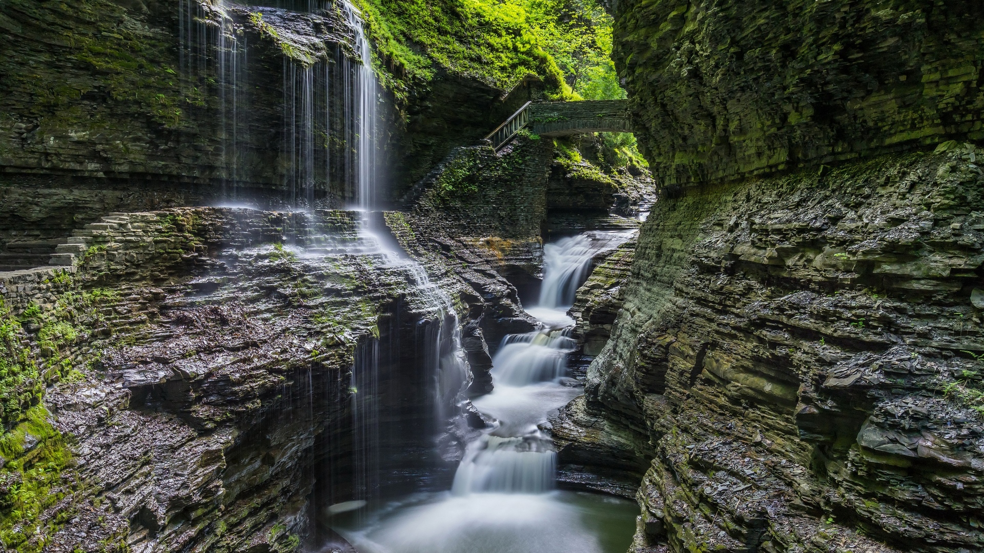 自然 岩石 瀑布 苔藓 桥梁 峡谷 水 电脑 4K壁纸 3840×2160