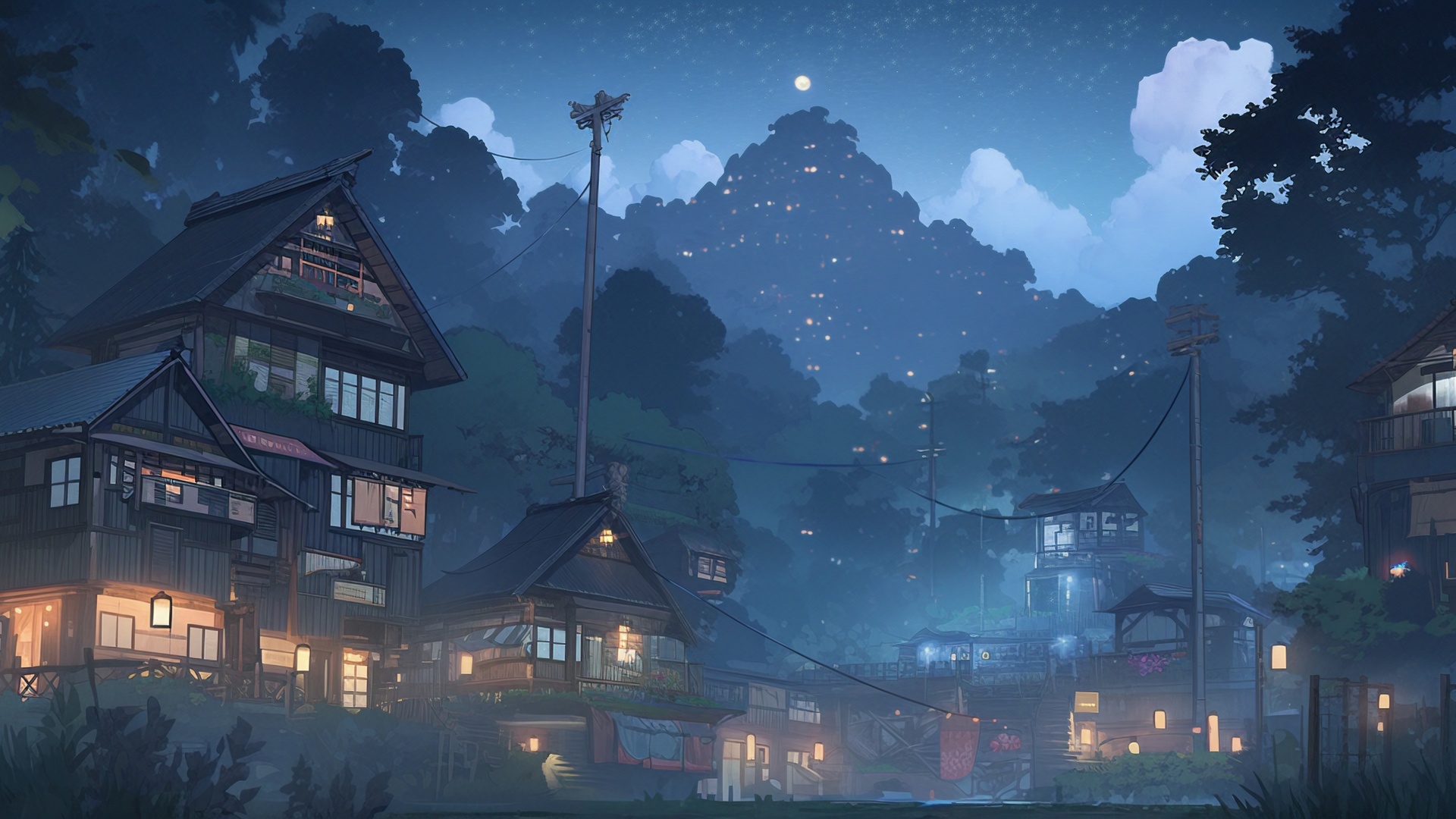 AI艺术 村庄 夜晚 建筑 云 树 叶 灯 电脑 壁纸 6720×2880