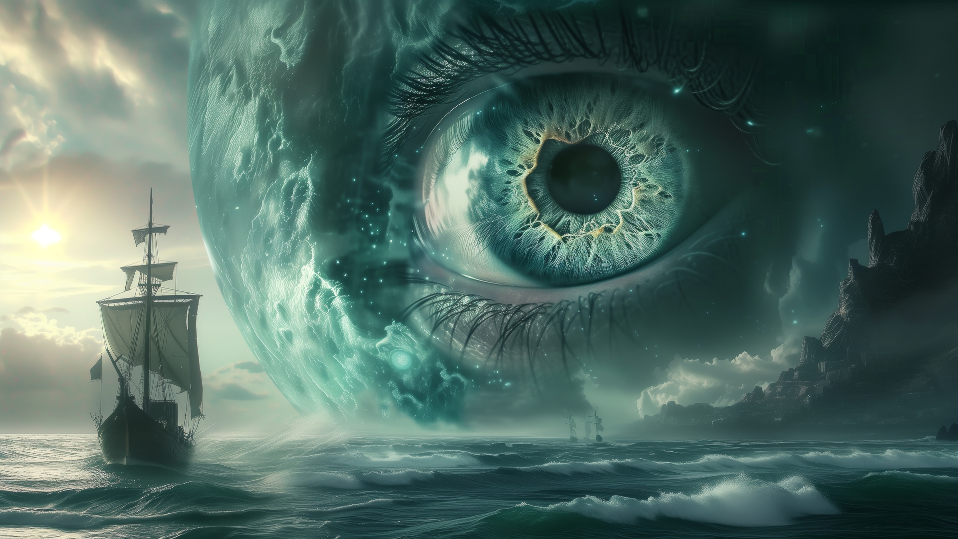 眼睛 AI艺术 超现实 大海 船 波浪 插图 电脑 壁纸 5824×3264