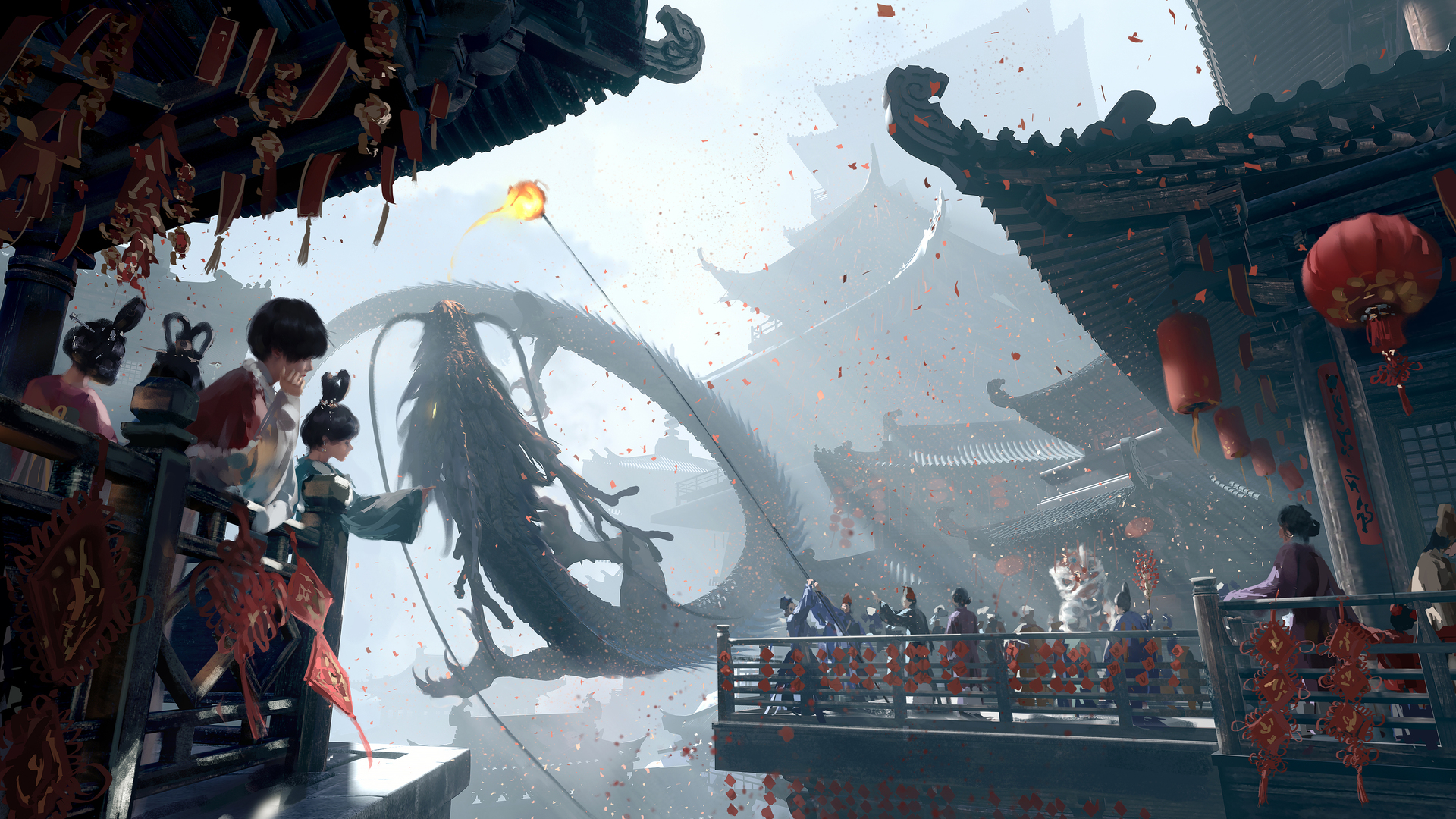 群组 数字艺术 艺术品 插图 奇幻艺术 龙 建筑 中国 节日 中国龙 电脑 高清壁纸 4800×2763