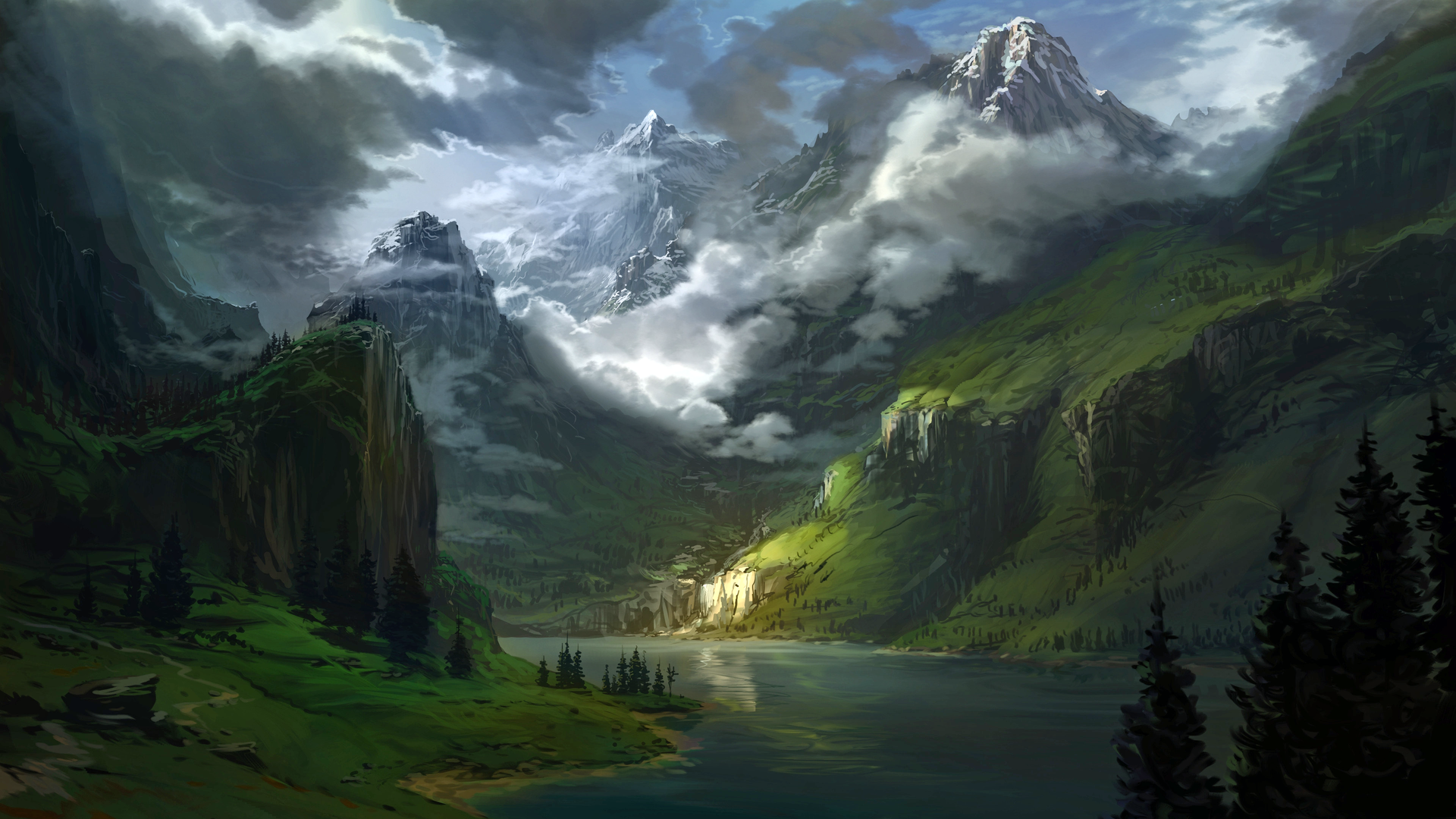 山脉 湖泊 数字艺术 风景 阴影 云 山谷 树木 电脑 壁纸 3840×2160