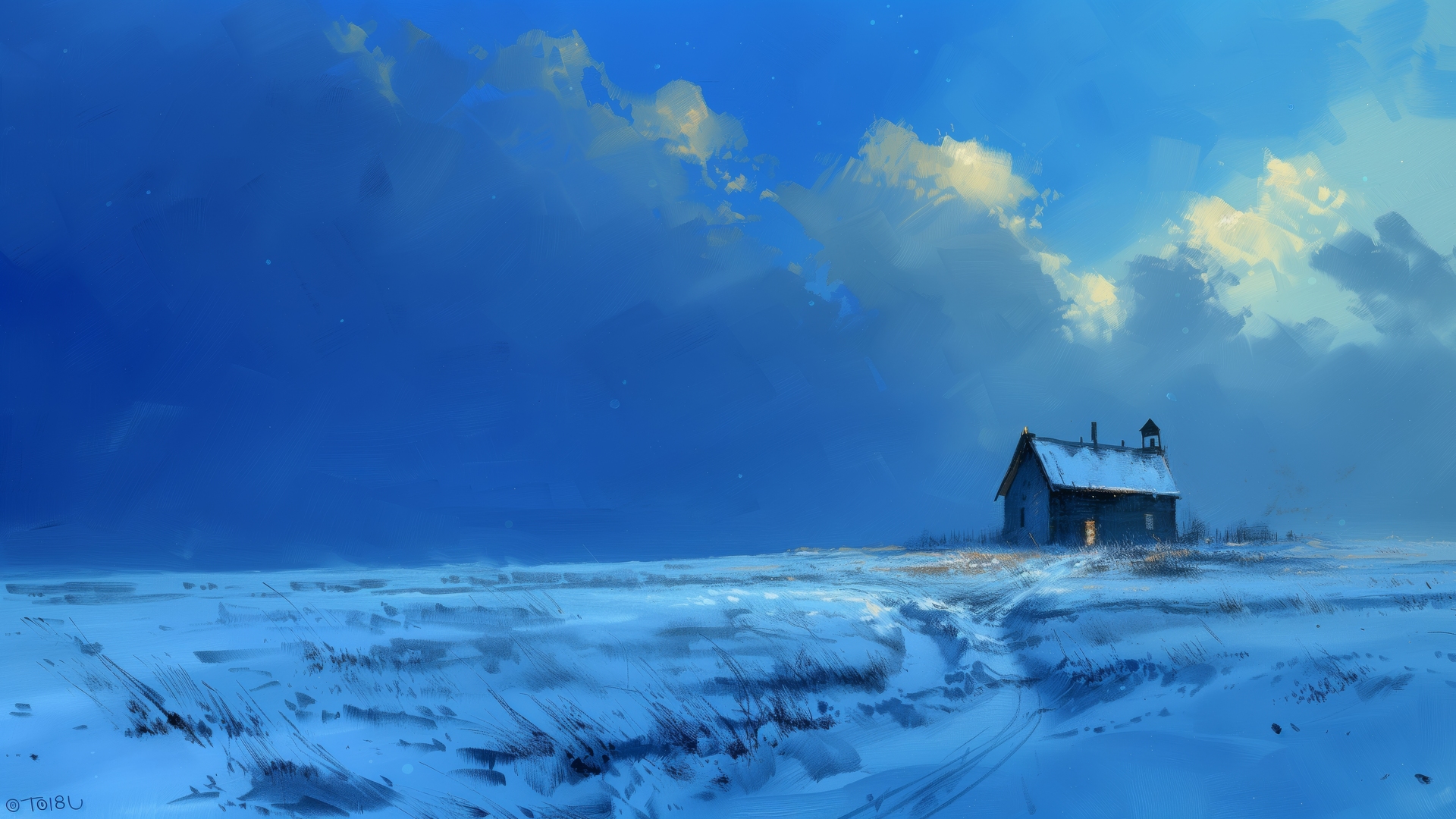 AI艺术 云 插图 晚上 蓝色 雪 冬天 绘画 房子 草 电脑 4K高清壁纸 5824×3264