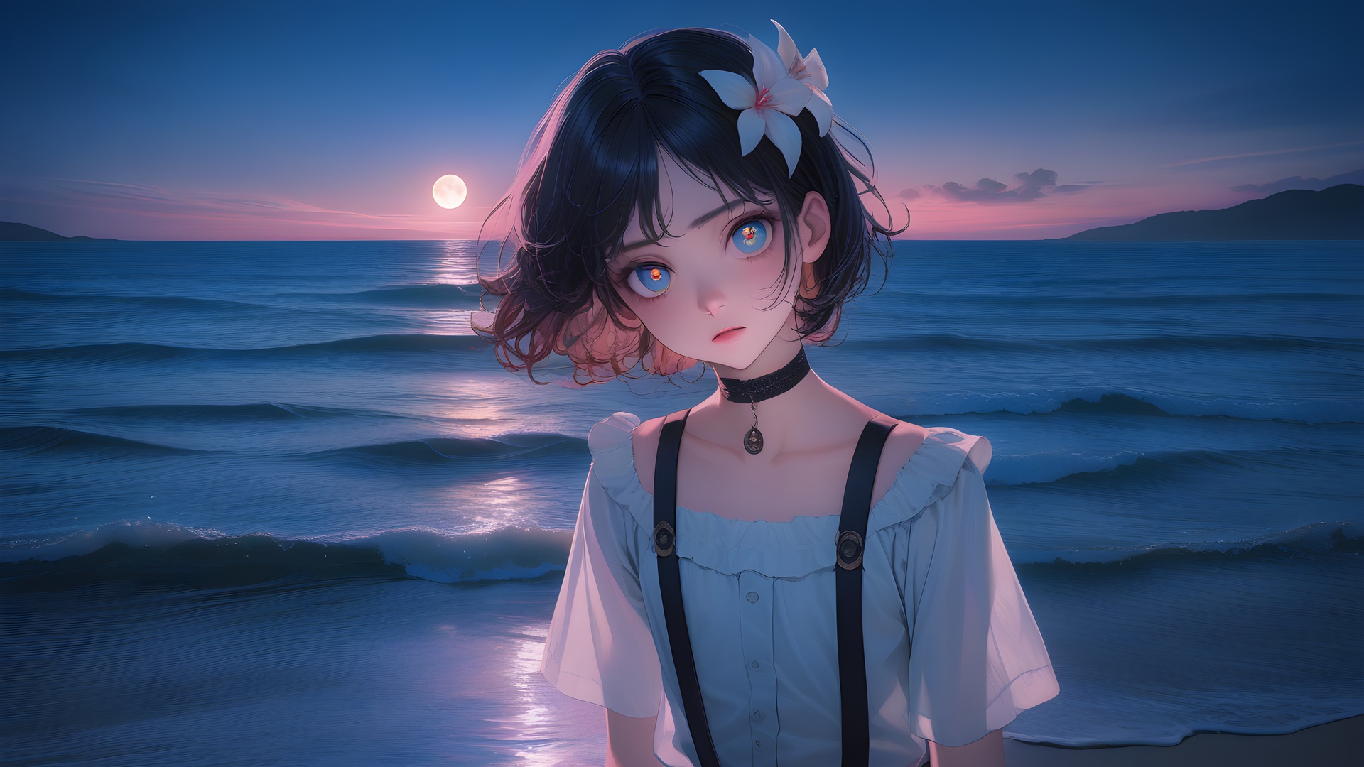 超清动漫女孩 人工智能艺术 超现实主义 海滩 日落 电脑 4K壁纸 5376×3072