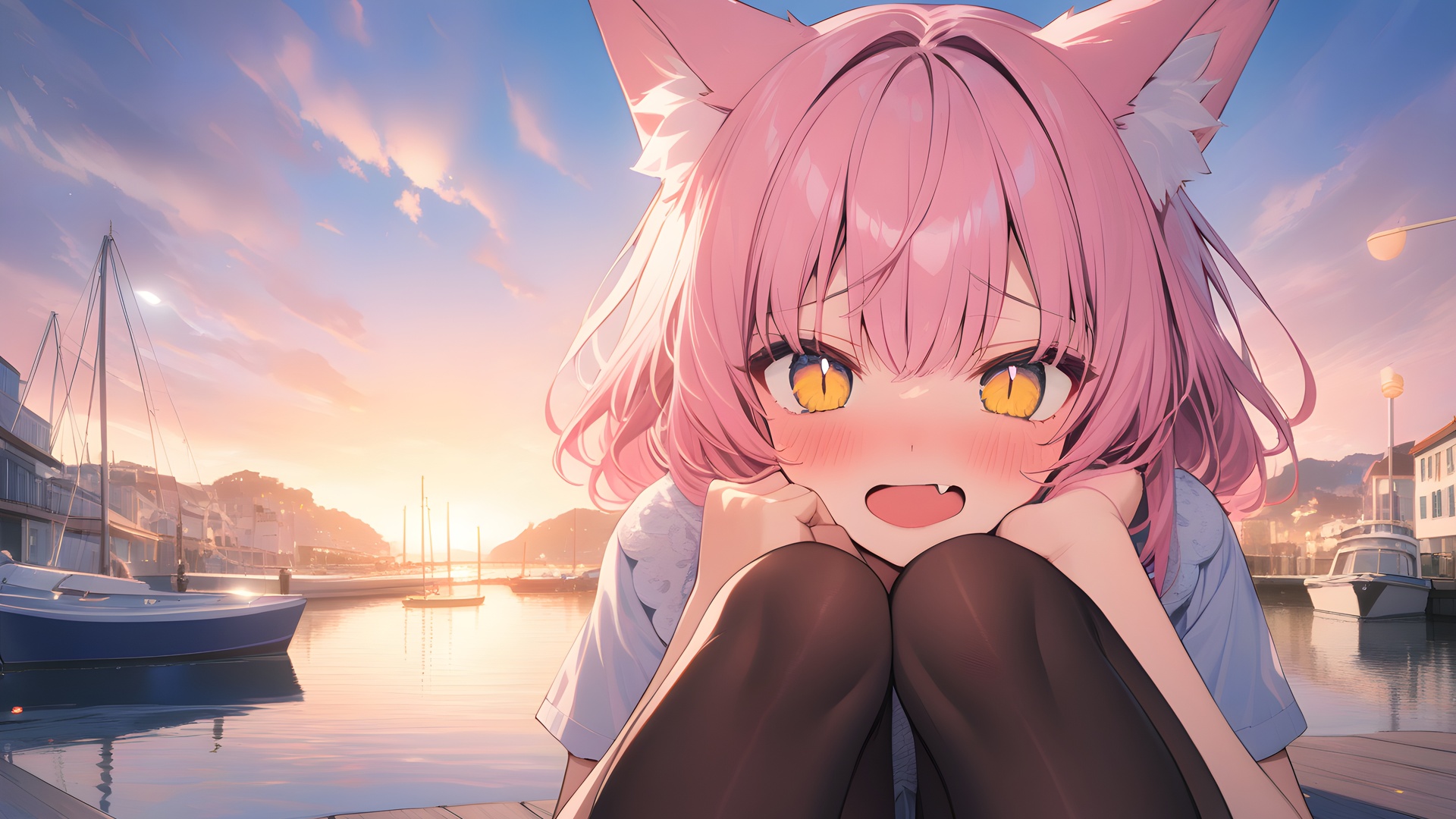 动漫女孩 人工智能艺术 猫耳 尖牙 日落 港口 电脑 桌面壁纸 5376×3072