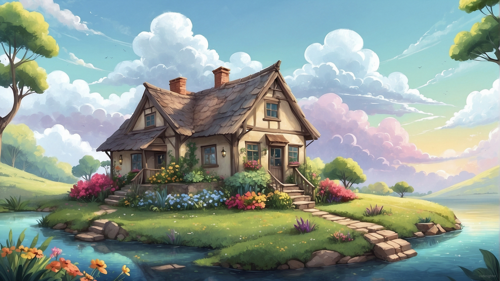 AI艺术 数字艺术 数字绘画 房屋 风景 插图 溪流 云 电脑 4K壁纸 4084×2310
