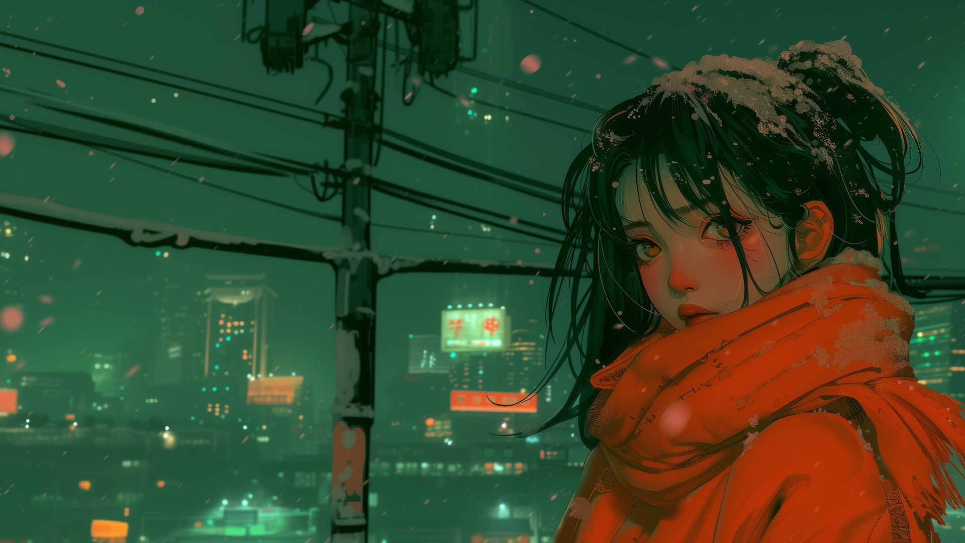 热门女人 人工智能艺术 橙色 动漫 动漫女孩 围巾 雪 霓虹灯 城市 插图 电脑 高清壁纸 6144×3072