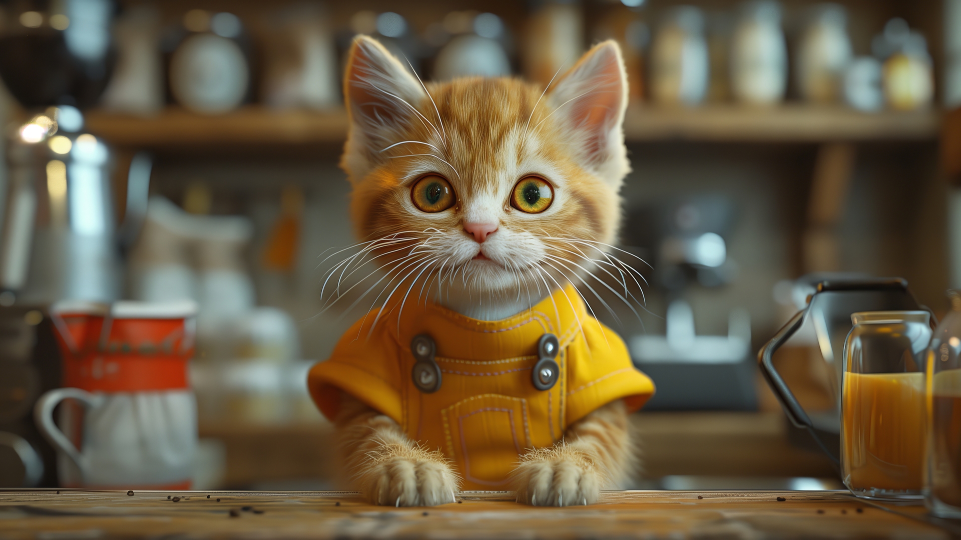 咖啡师 人工智能艺术 猫 拟人化 小猫 电脑 4K高清壁纸 5824×3264