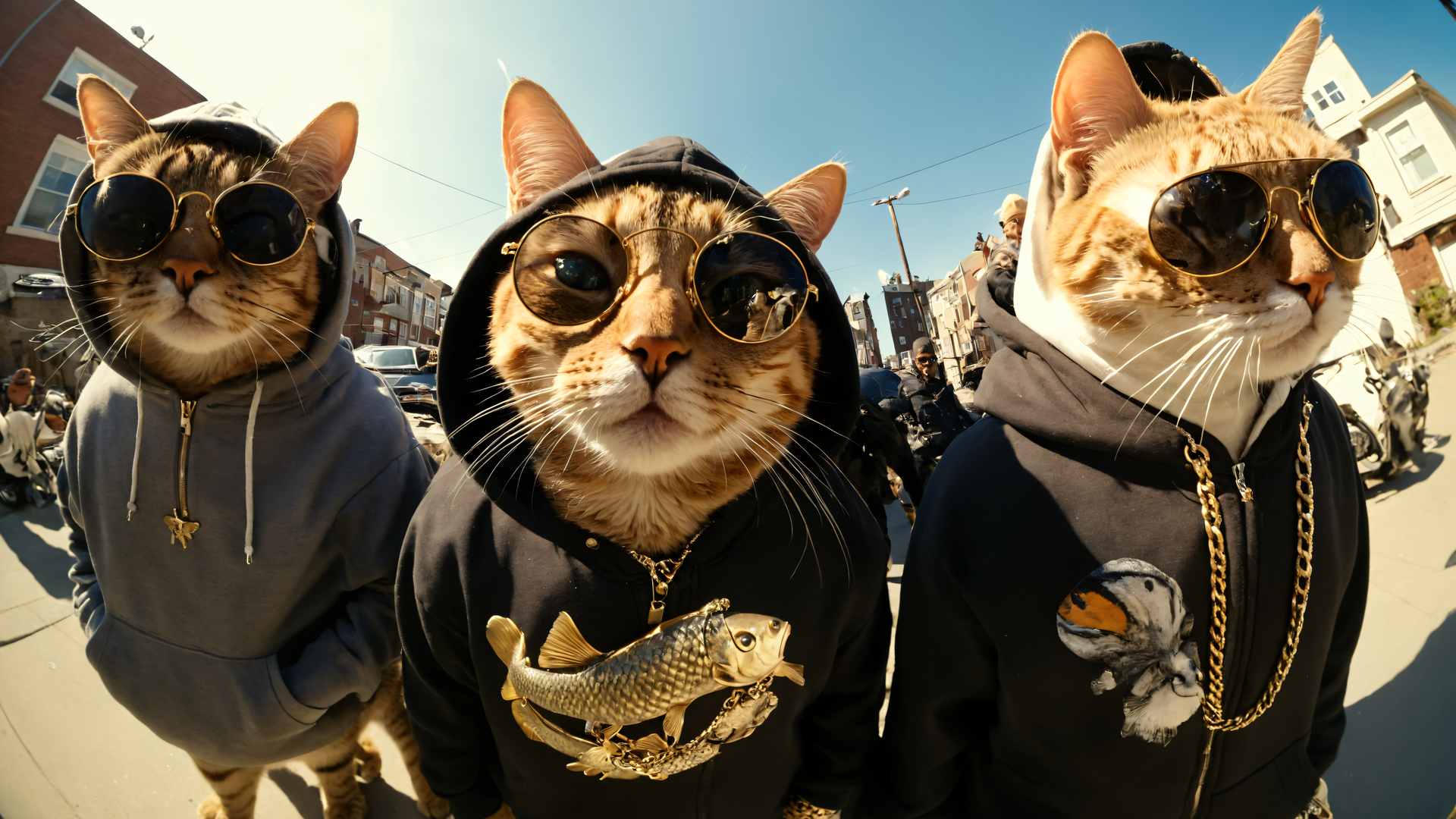 AI艺术 猫 太阳镜 说唱 专辑封面 兜帽 电脑 壁纸 3840×2160