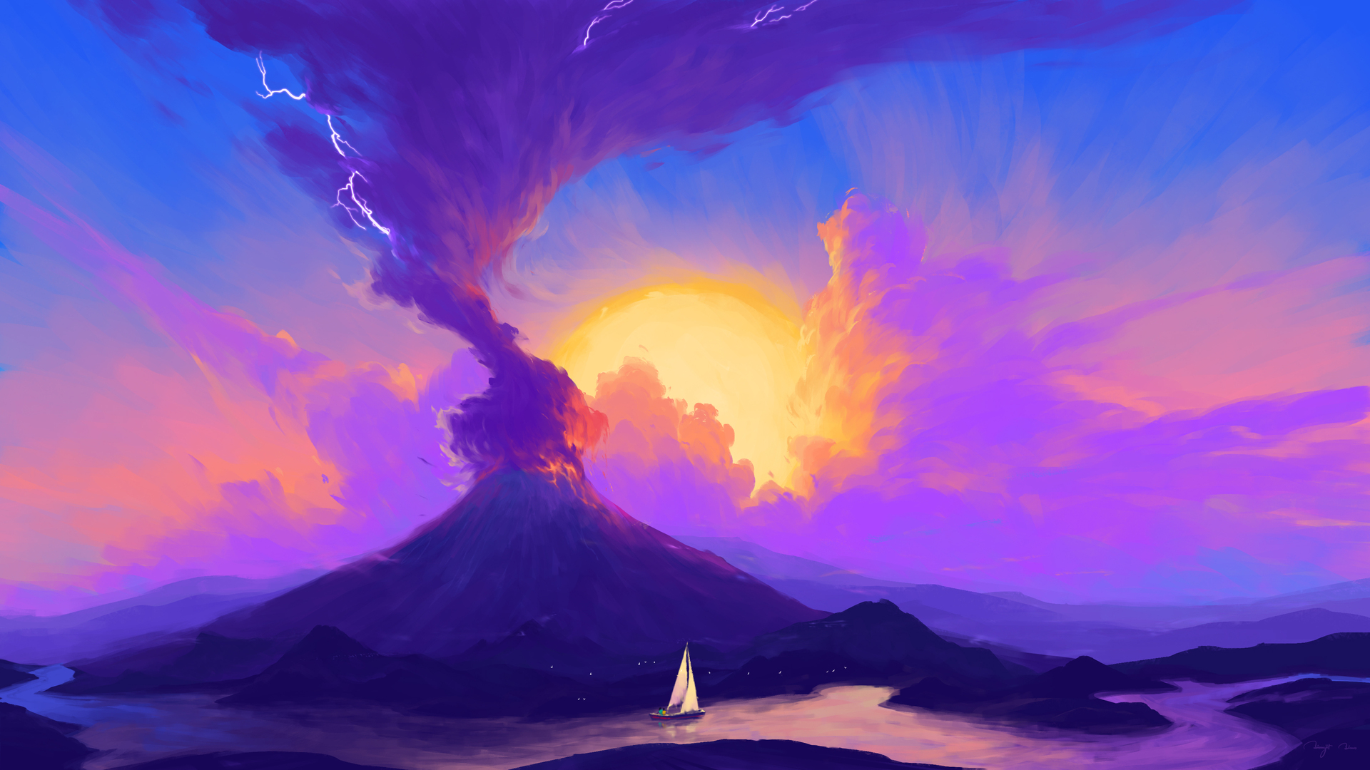 风景 云 船 自然 河 太阳 天空 签名 电脑 4K高清壁纸 3840×2160