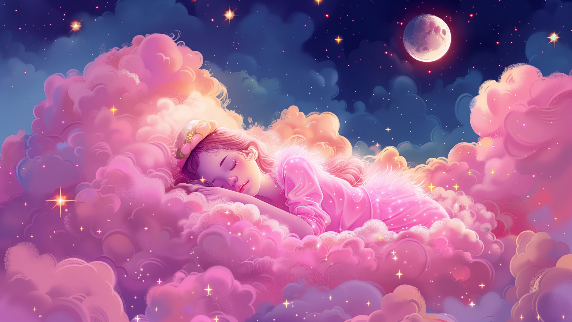 女人 人工智能艺术 插图 云 月亮 睡眠 粉色 电脑 4K高清壁纸 5824×3264