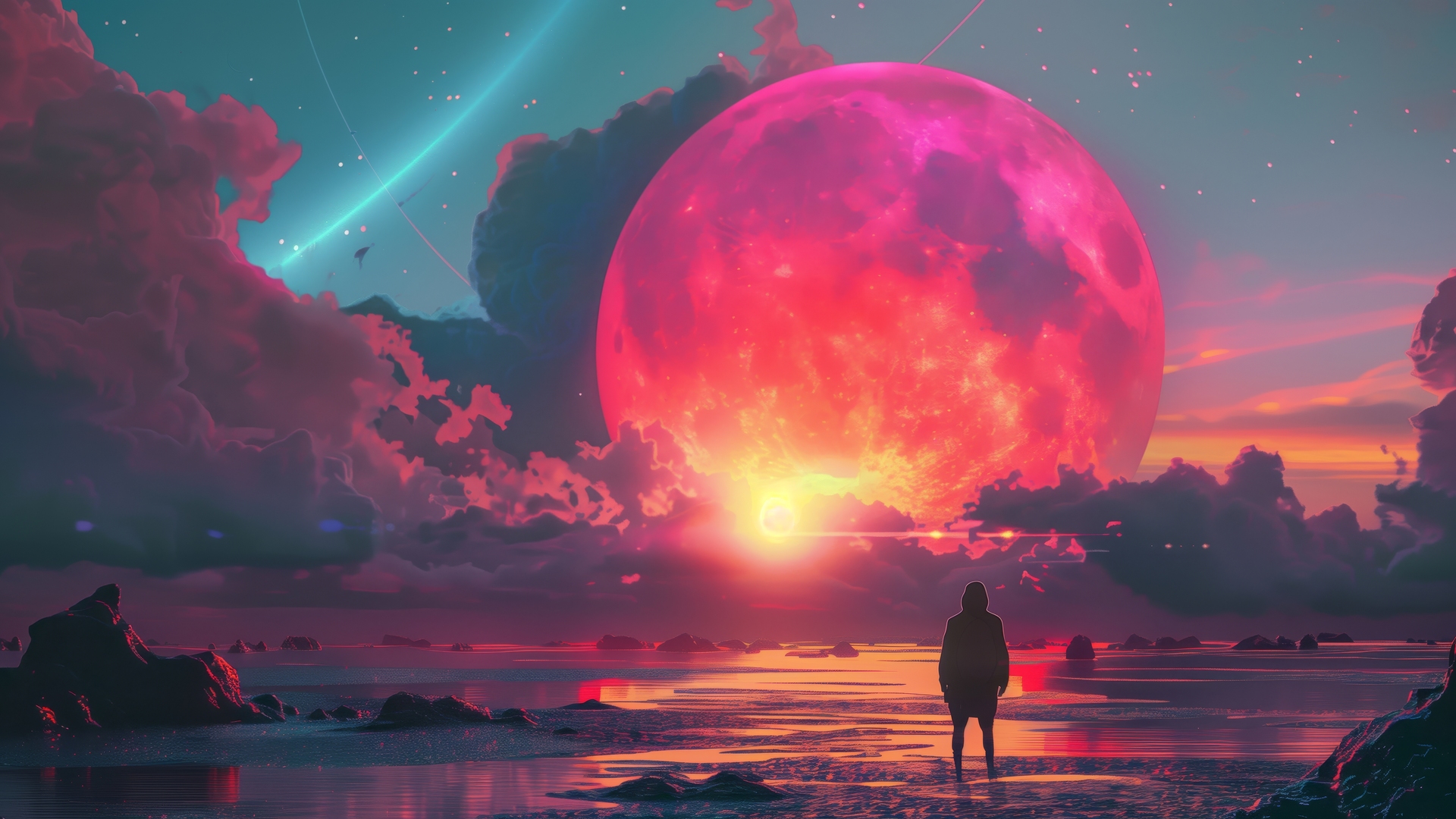 AI艺术 插图 云 月亮 海岸 水 五颜六色 镜头光斑 电脑 高清壁纸 5824×3264