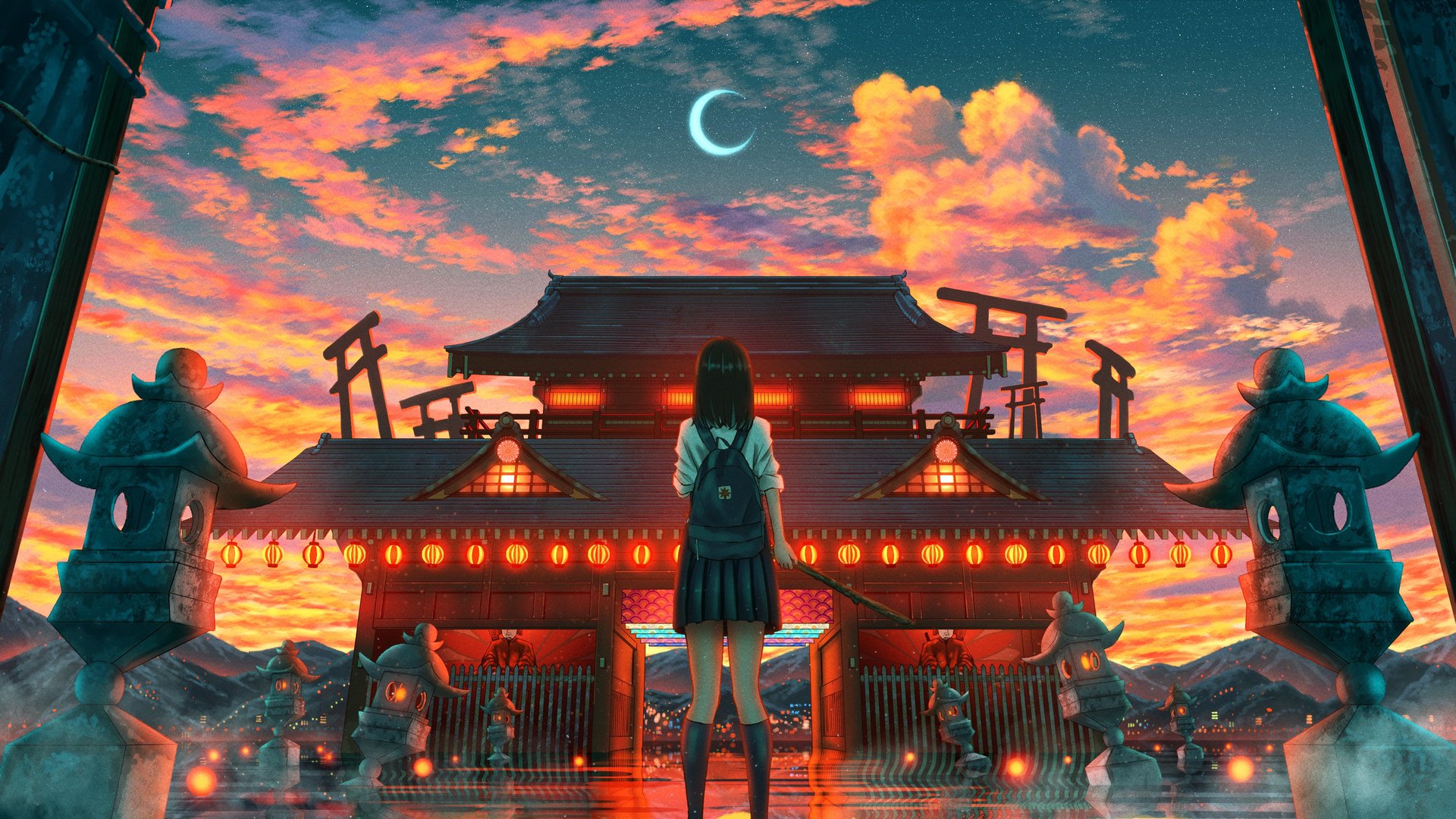 绚丽奇幻艺术 天空 云 星星 月亮 裙子 日落 建筑 后视 新月 电脑 桌面壁纸 3840×2160