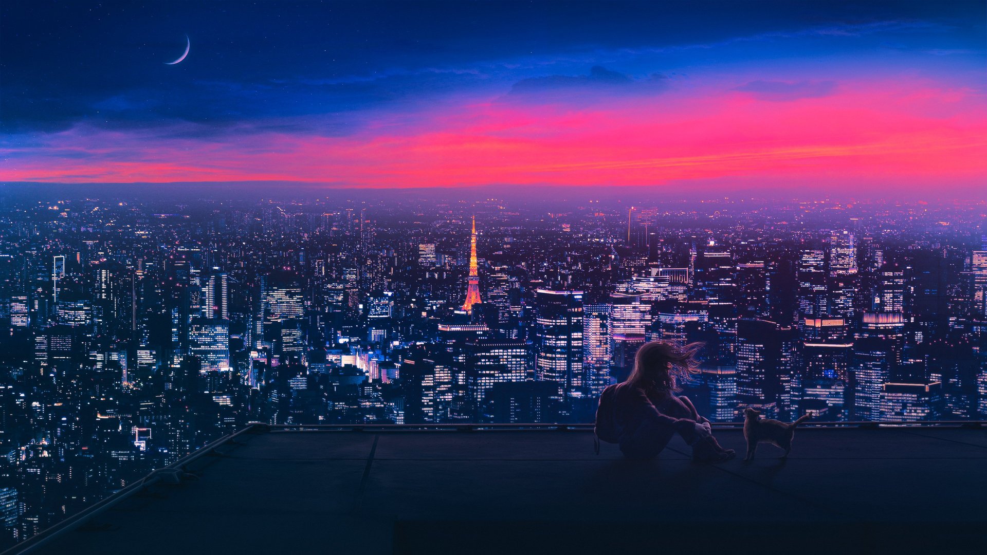 绝美女性 坐着 数字艺术 艺术品 插图 城市 城市景观 夜晚 月亮 电脑 高清壁纸 3840×2160