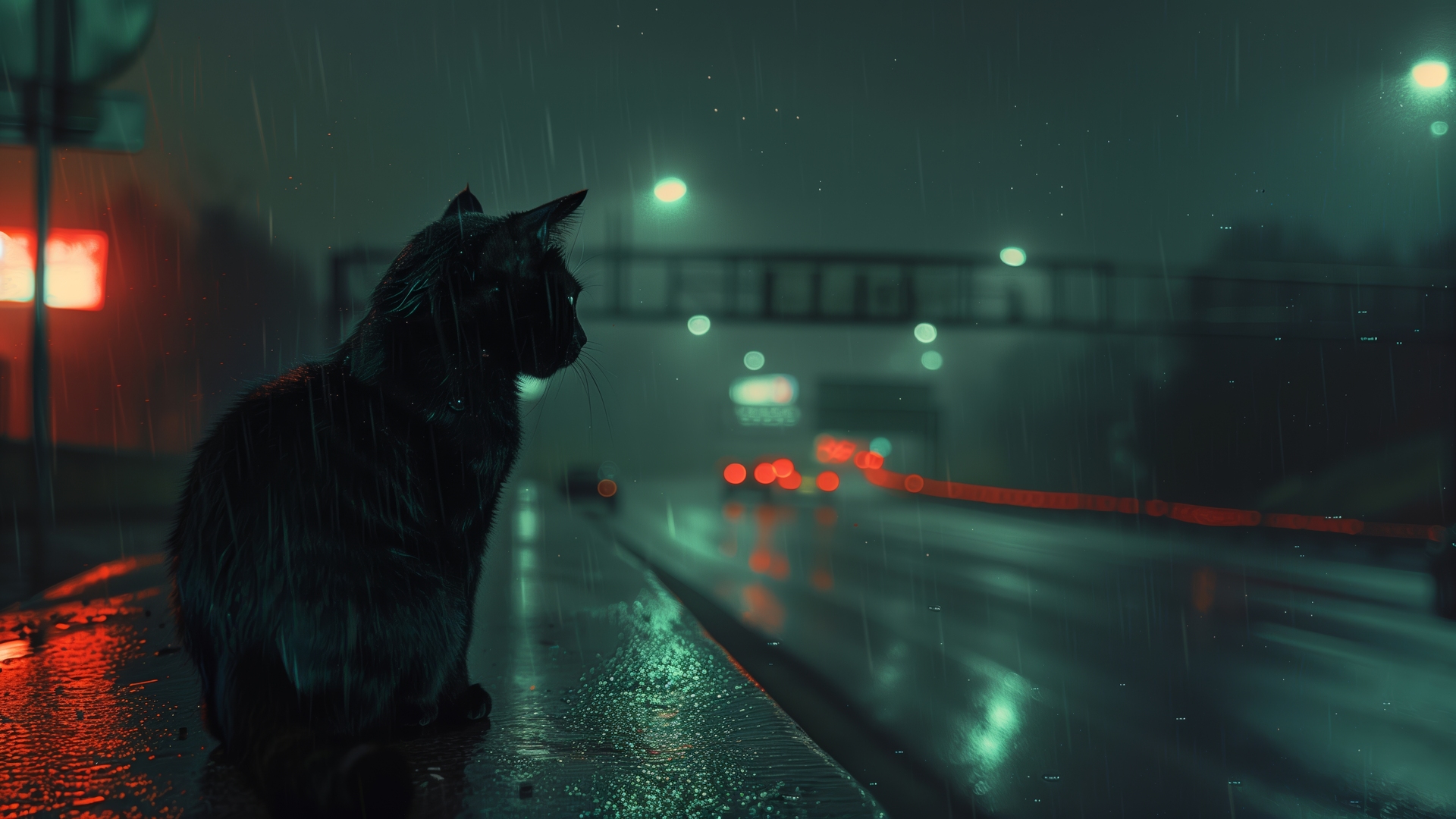 夜晚 猫 高速公路 道路 雨 电脑 壁纸 5824×3264