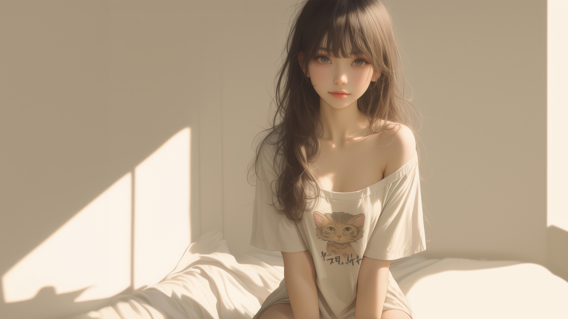 女人 深色头发 人工智能艺术 动漫 超大号T恤 阳光 插图 电脑 壁纸 5691×3200