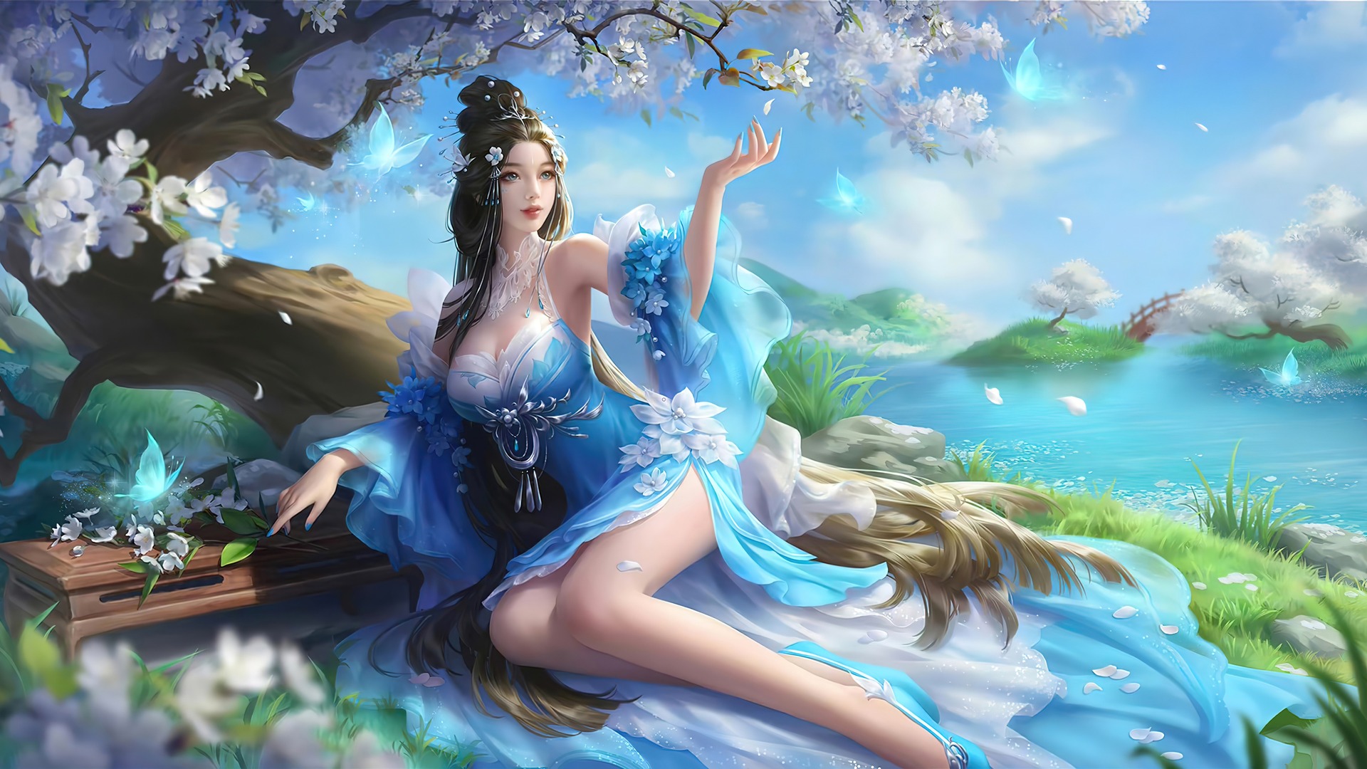 女人 电子游戏角色 亚洲 水 电子游戏艺术 鲜花 电子游戏 花瓣 树木 电脑 桌面壁纸 5000×2442